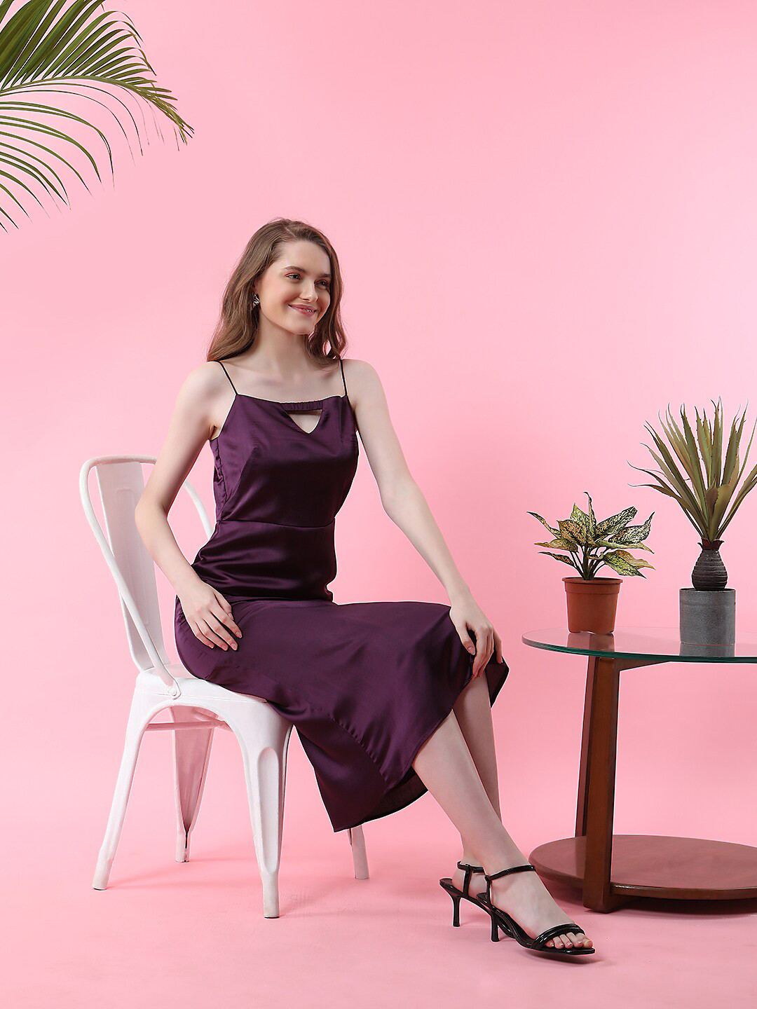 MISH Shoulder Strap Cut Out Satin Sheath Midi Dress