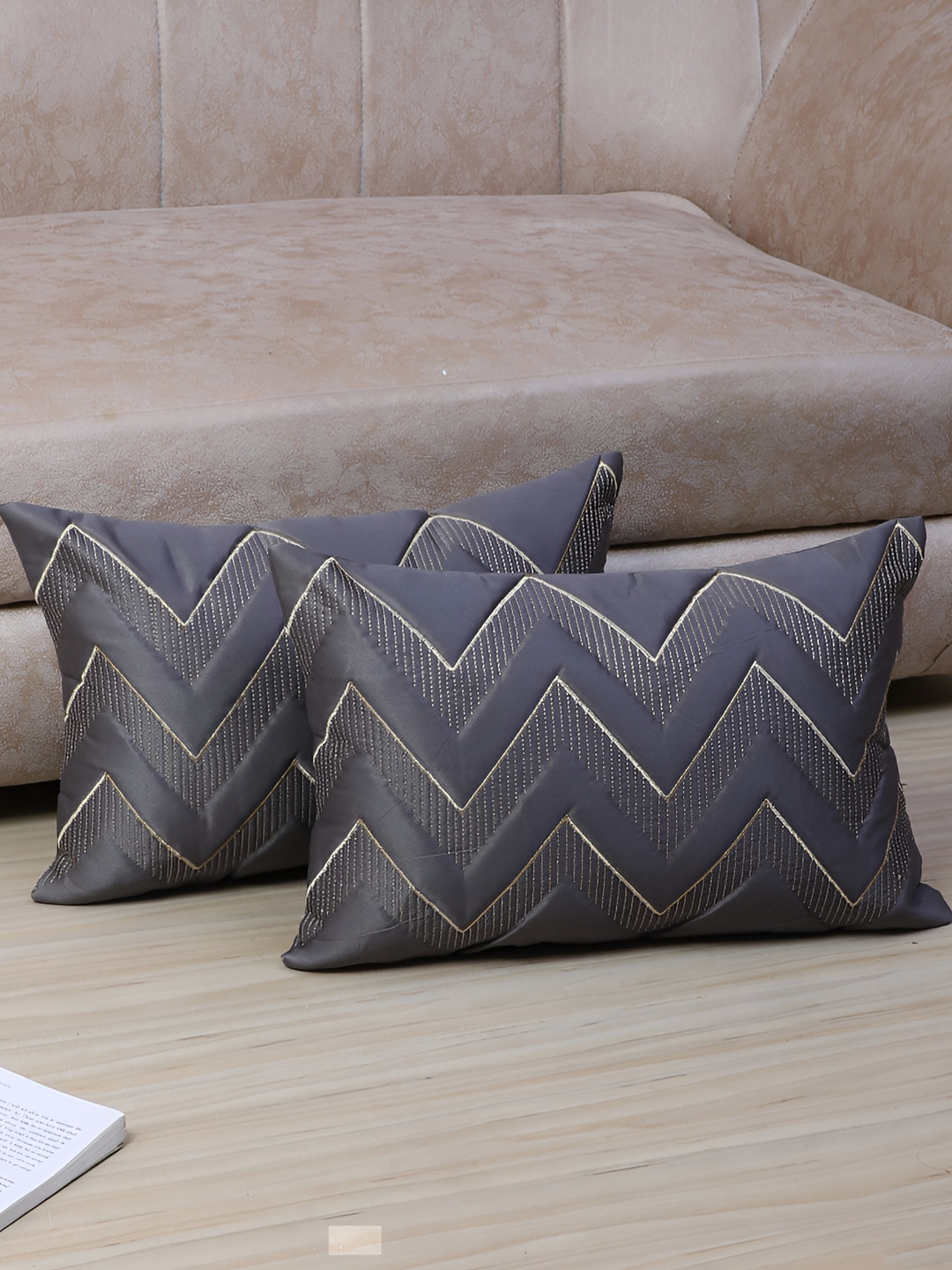 MFD HOME FURNISHING Grey & Gold-Toned 2 Pieces Self Design Satin Rectangle Cushion Covers