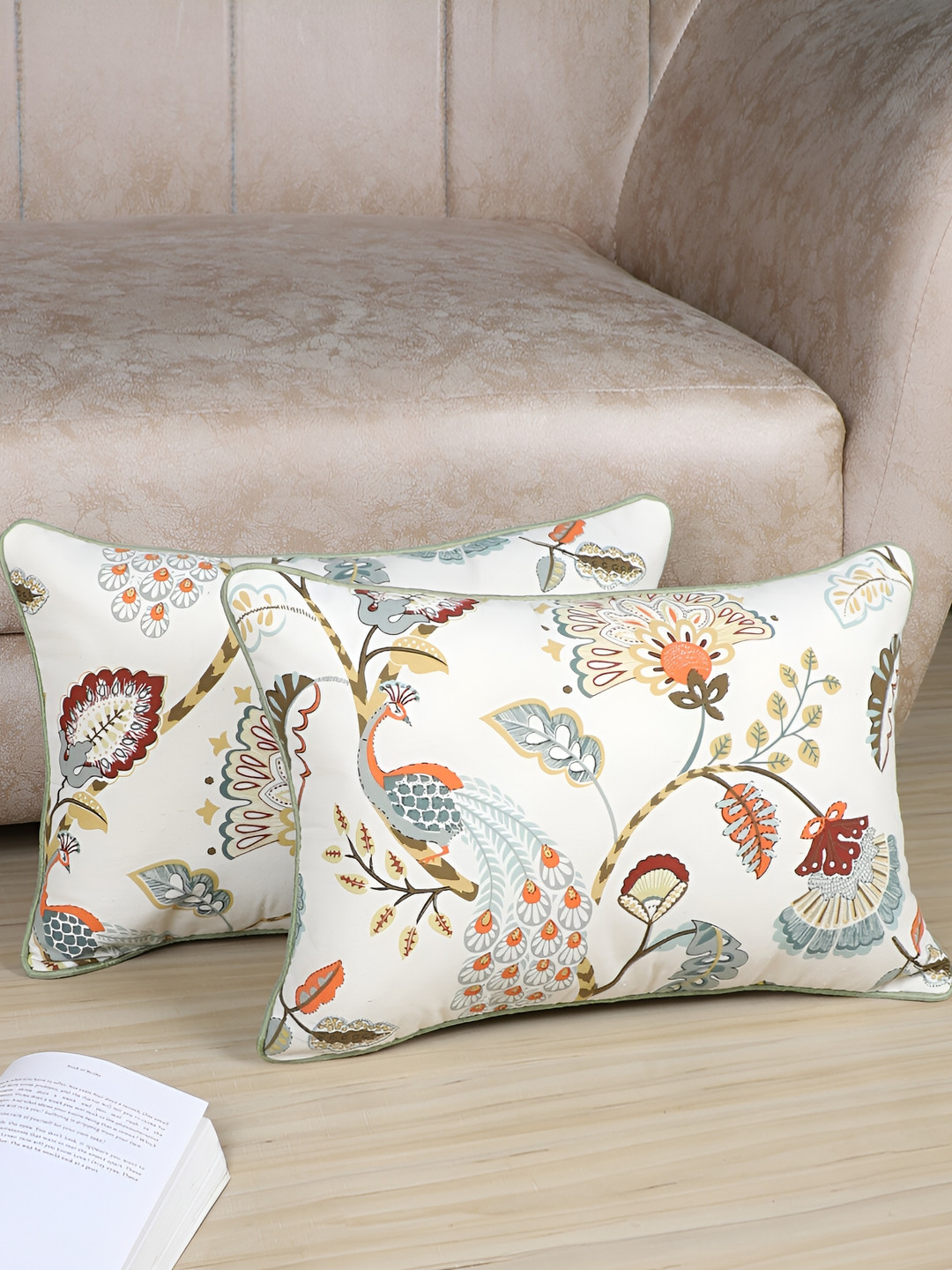 MFD HOME FURNISHING White & Green 2 Pieces Floral Rectangle Cotton Cushion Covers