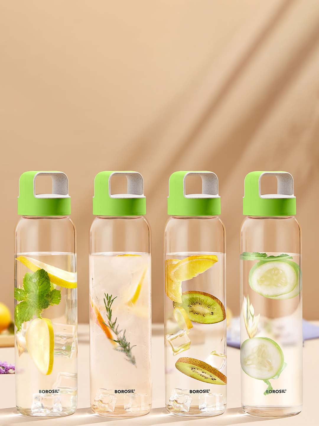 BOROSIL Green & Transparent 4 Pieces Glass Solid Water Bottles 1 L