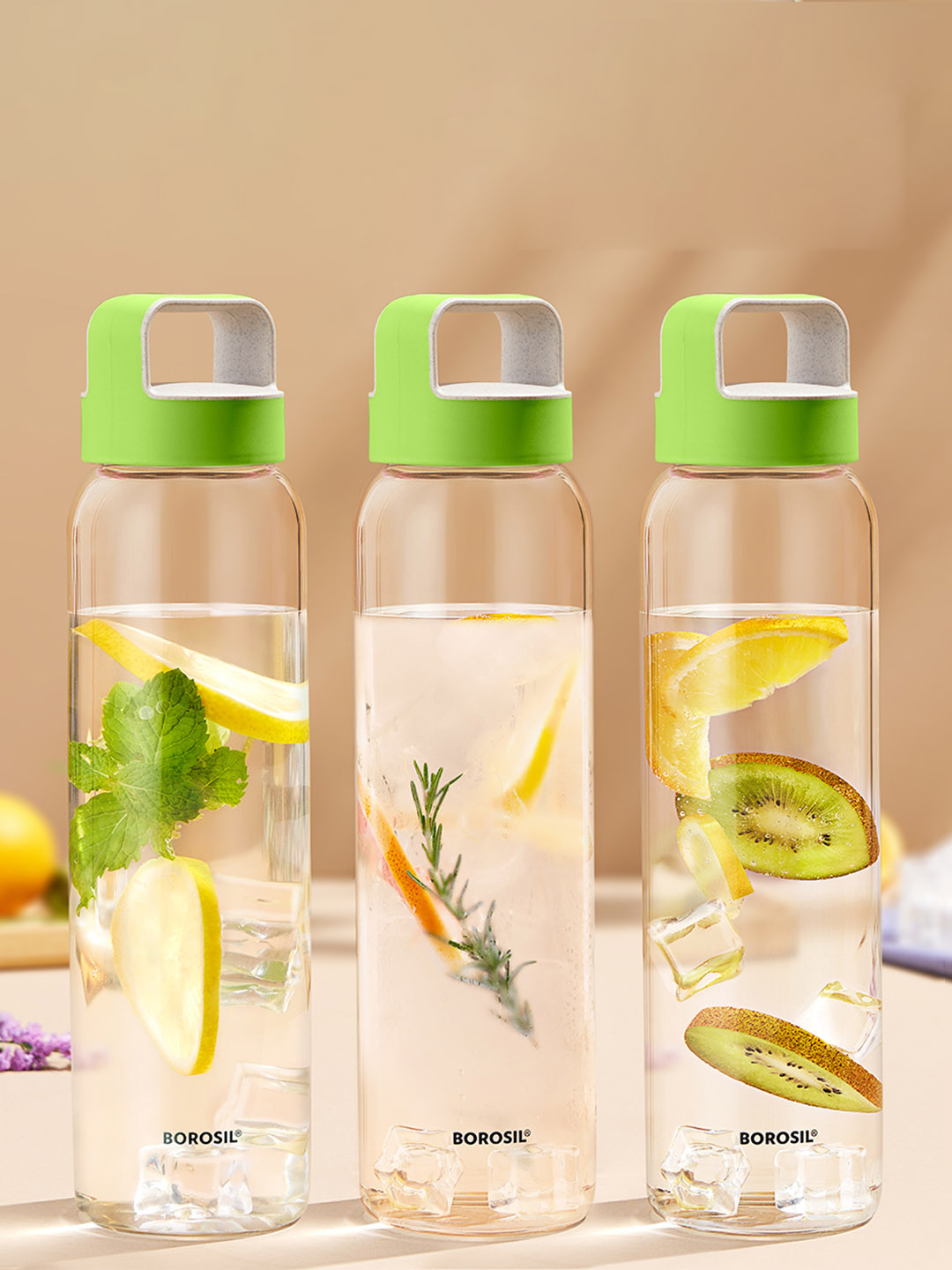BOROSIL Green & Transparent 3 Pieces Glass Solid Water Bottles 1 L
