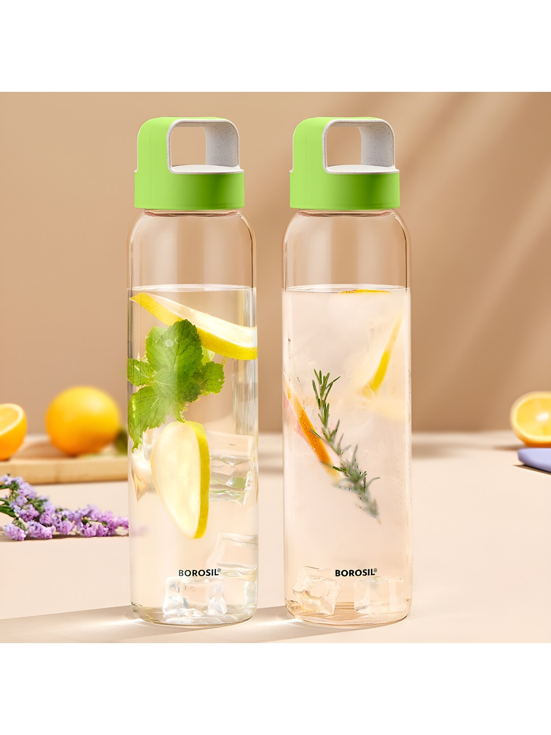 BOROSIL Green & Transparent 2 Pieces Glass Solid Water Bottles 1 L