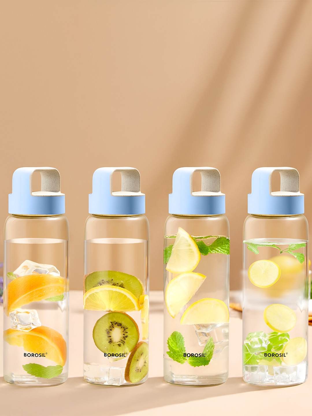 BOROSIL Crysto Transparent Brand Logo Glass Spill Proof 4 Piece Water Bottle - 750ml