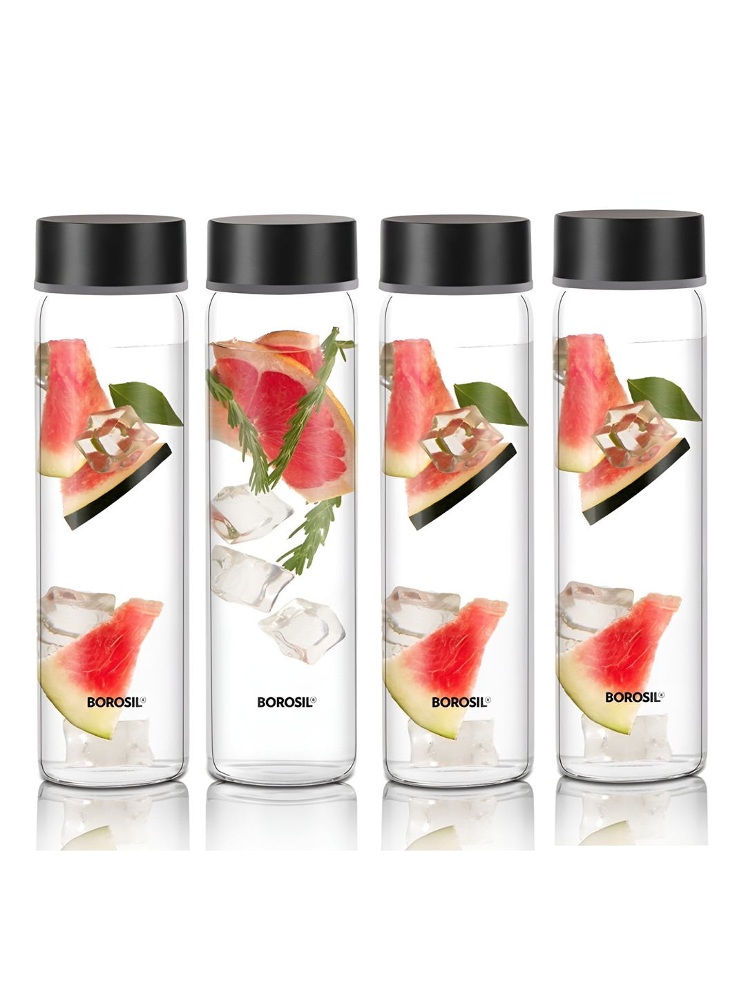BOROSIL Transparent 4 Pieces Glass Water Bottles 550 ml