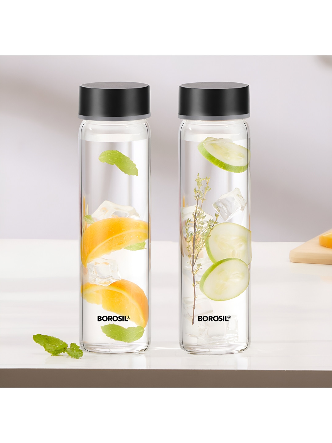 BOROSIL Transparent & Black 2 Pcs Glass Water Bottles