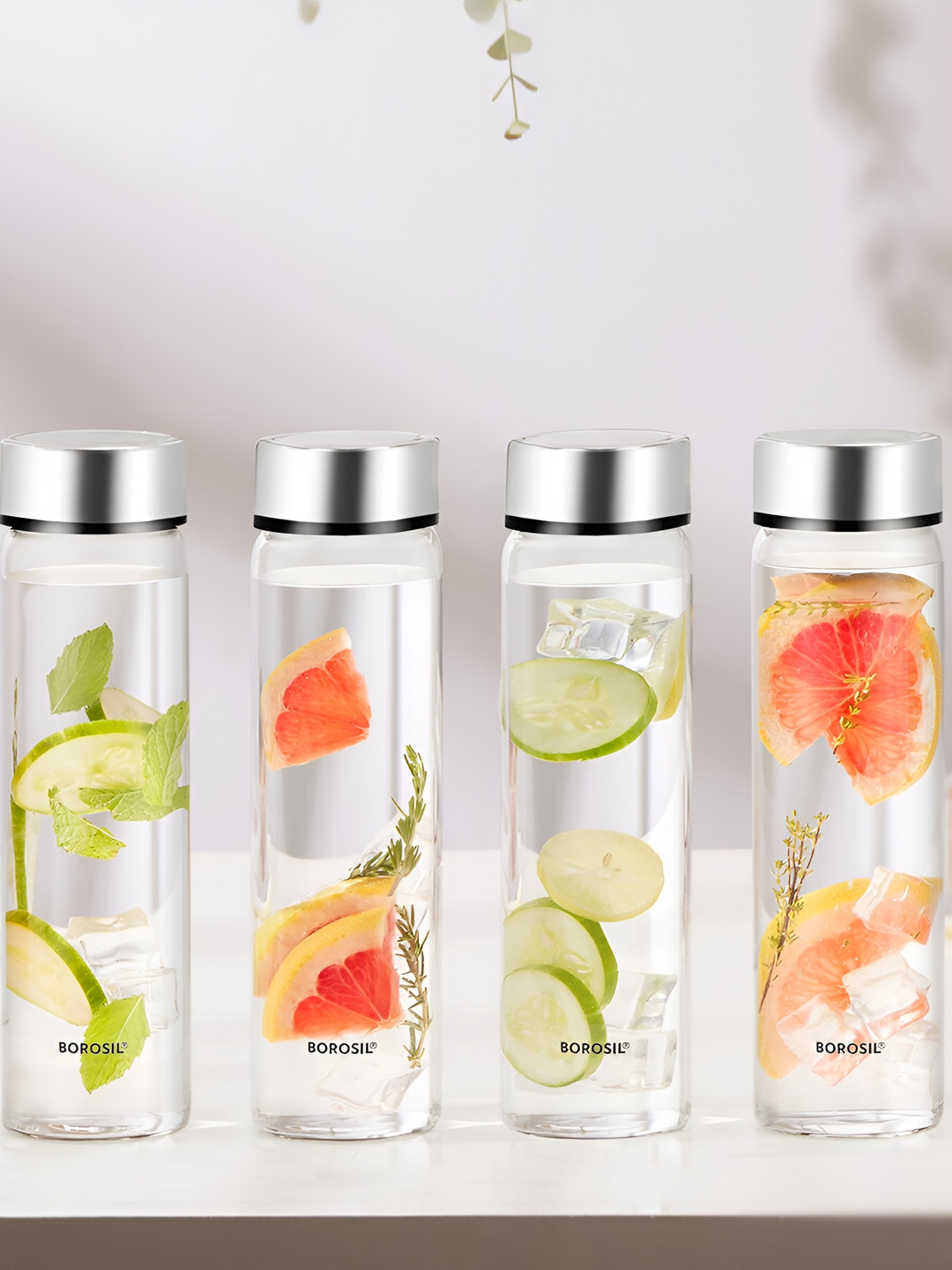 BOROSIL Neo Transparent Brand Logo Glass Freezer Safe 4 Piece Water Bottle - 550ml