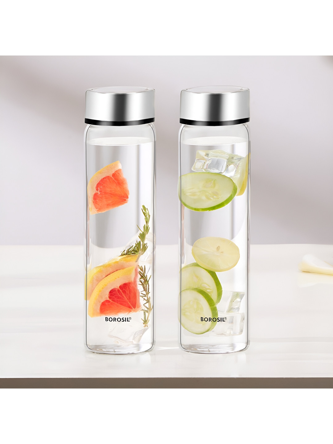 BOROSIL Neo Transparent Brand Logo Glass Spill Proof 2 Piece Water Bottle - 550ml