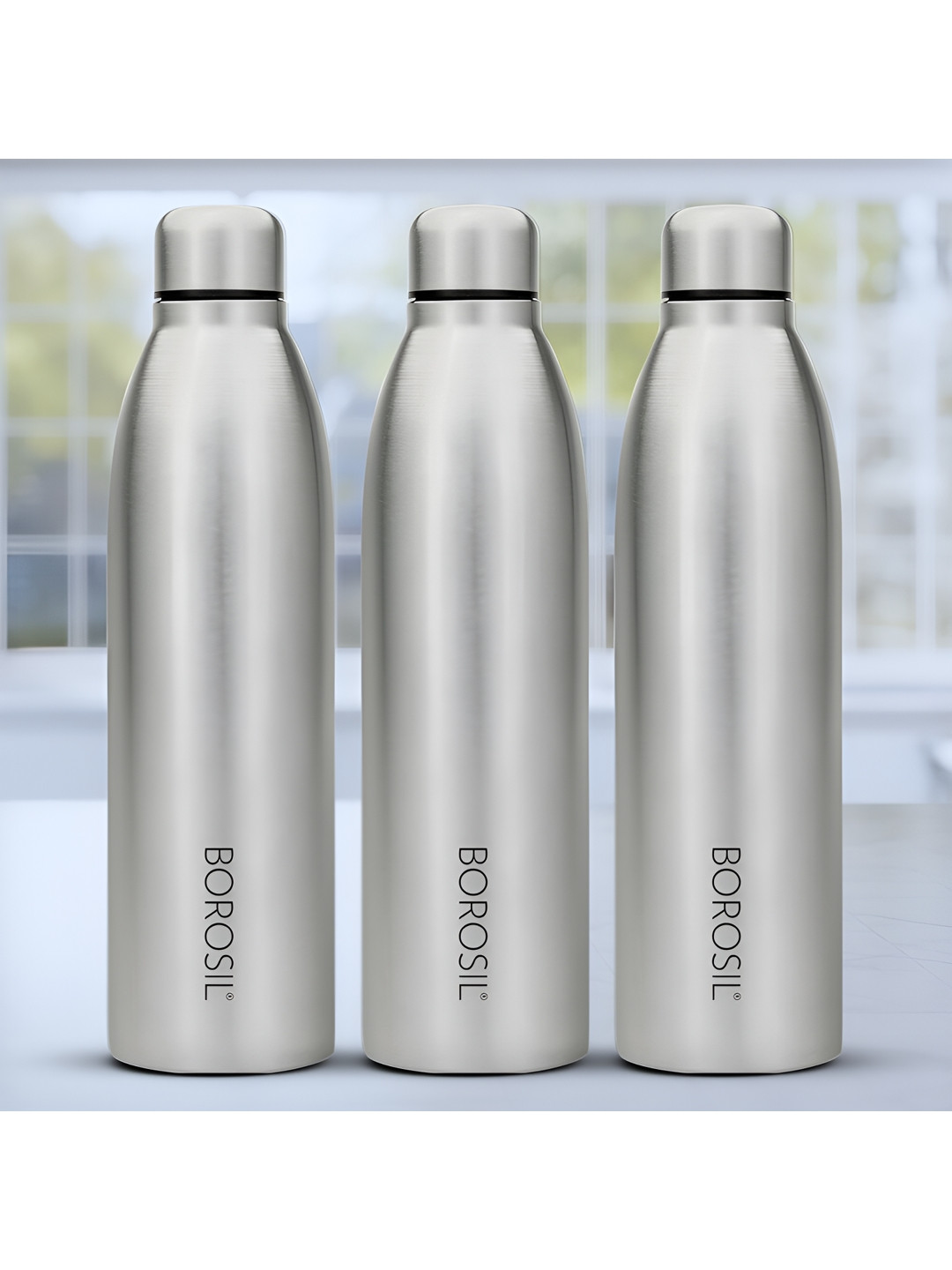 BOROSIL Steel & Black 3 Pieces Stainless Steel Single Wall Vacuum Water Bottles 950 ml