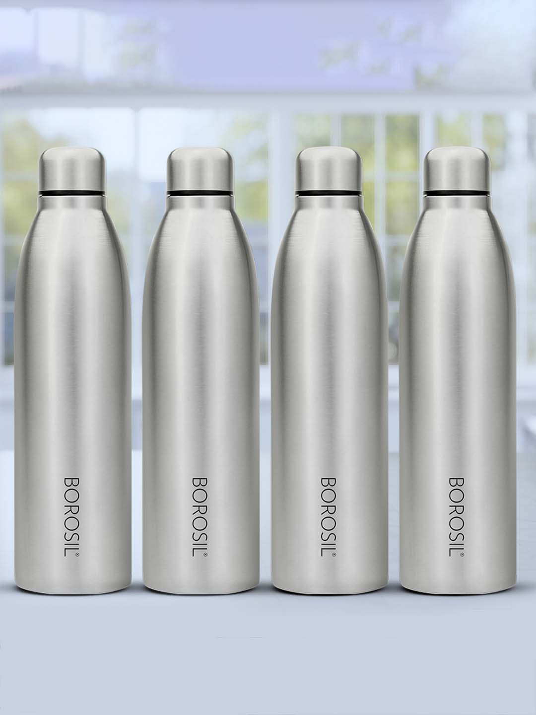 BOROSIL Steel & Black 4 Pcs Stainless Steel Single Wall Vacuum Water Bottles