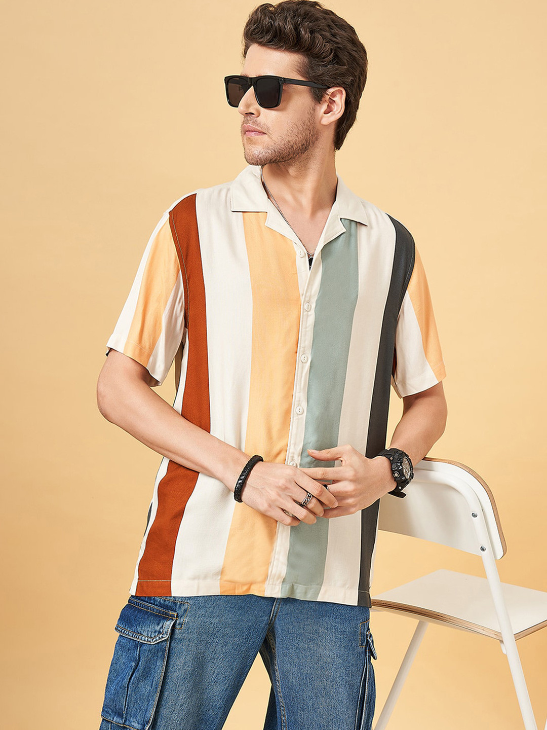 People Off White & Red Striped Cuban Collar Twill Weave Shirt