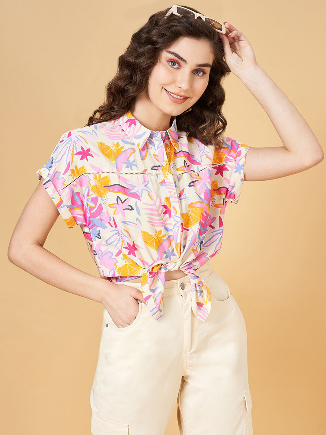 People Off White Floral Printed Spread Collar Extended Sleeves Curved Boxy Casual Shirt