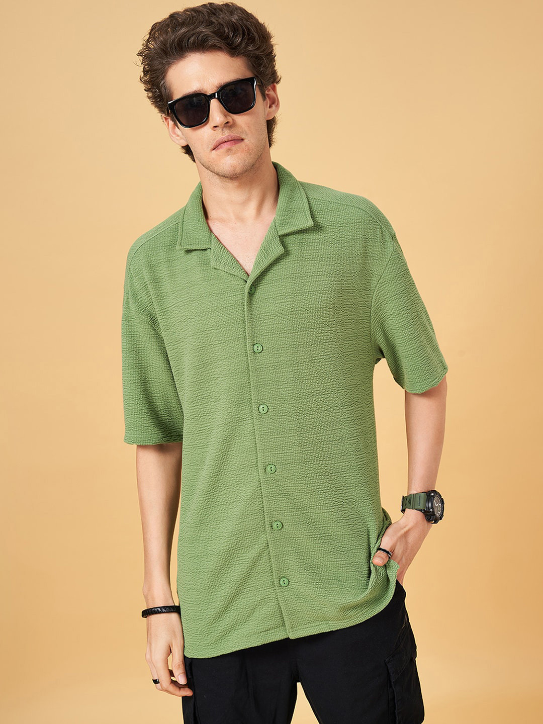 Street 808 by Pantaloons Self Design Textured Cuban Collar Casual Shirt