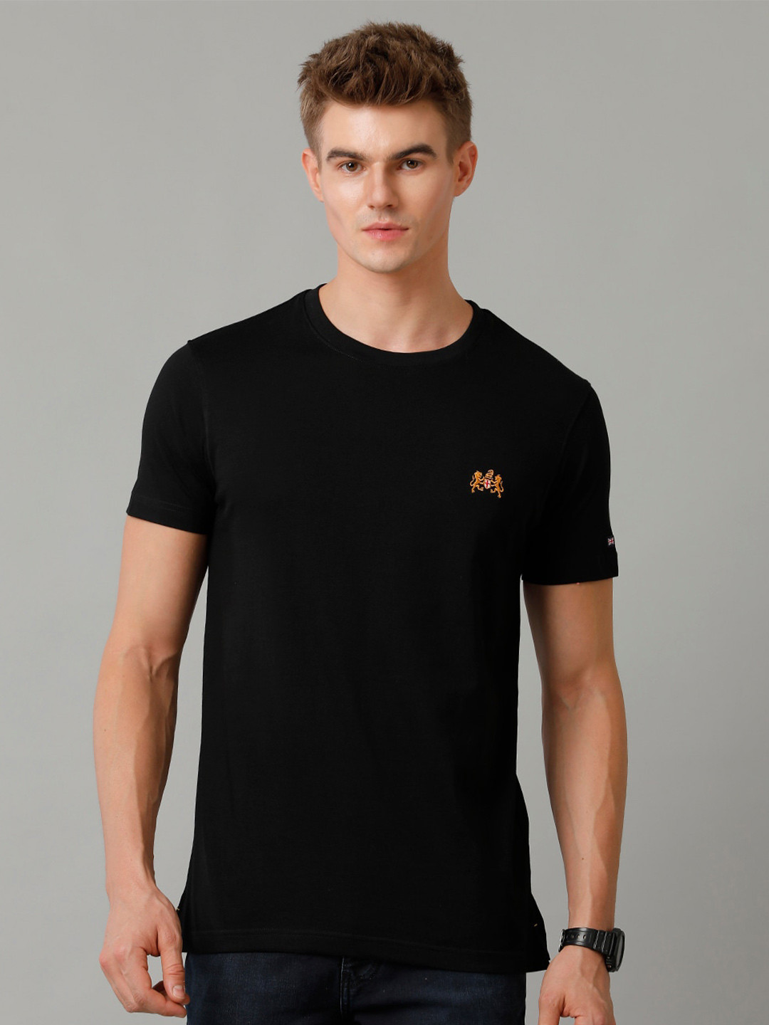 Double Two Round Neck Short Sleeves Cotton Regular Fit T-shirt