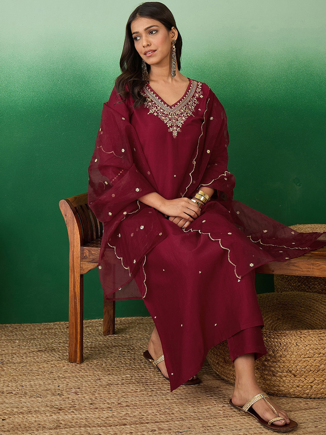 Sangria Zari And Sequin Embroidered V-Neck Straight Kurta With Trousers & Dupatta