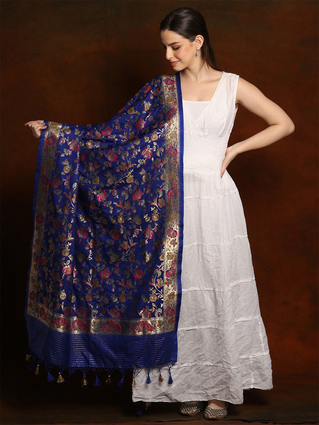 Exotic India Turkish Sea Art Silk Floral Vine Multicolor Zari Brocade Banarasi Dupatta