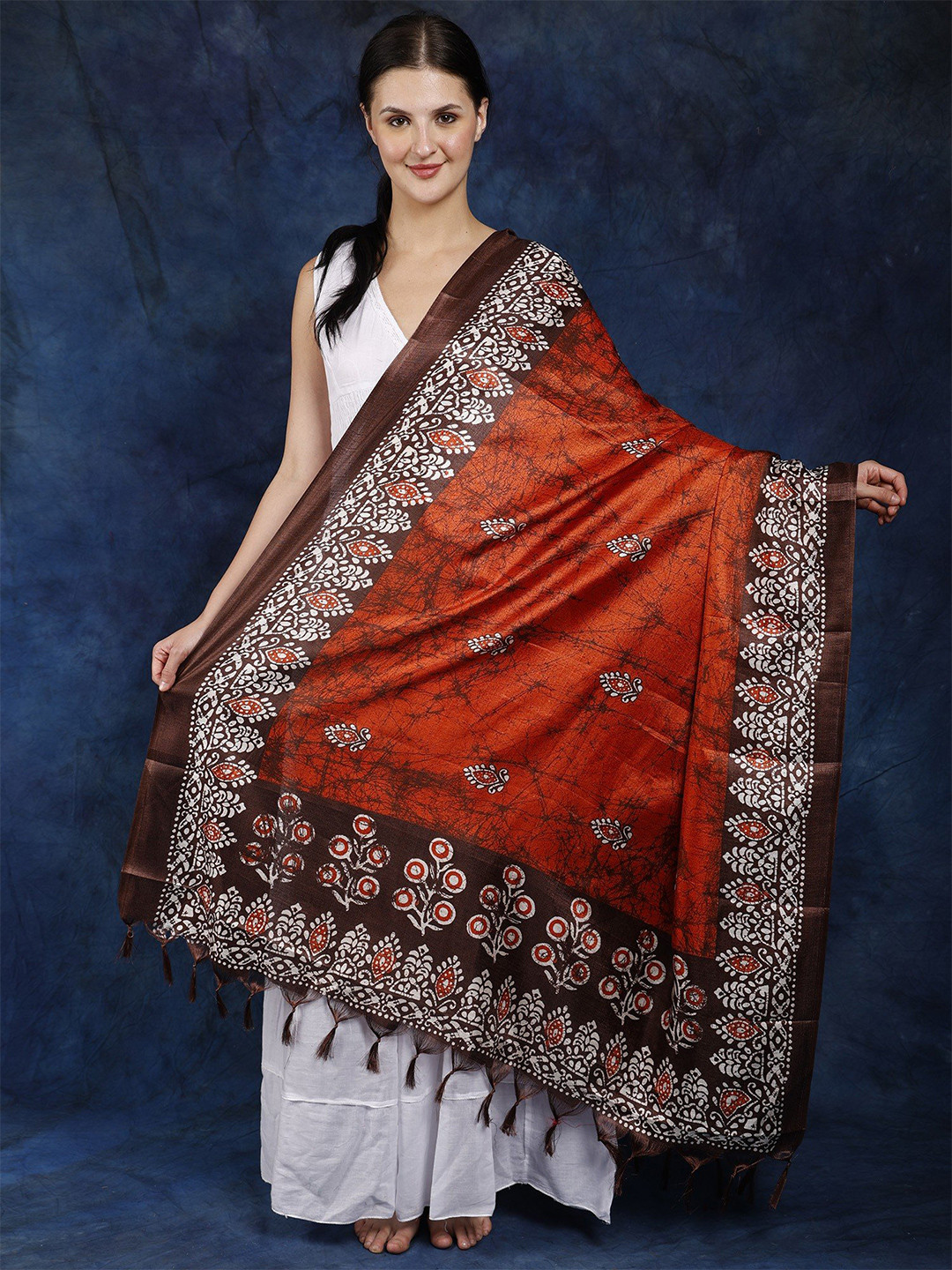 Exotic India Pureed Pumpkin Batik Printed Banglori Art Silk Dupatta with Peacock Border