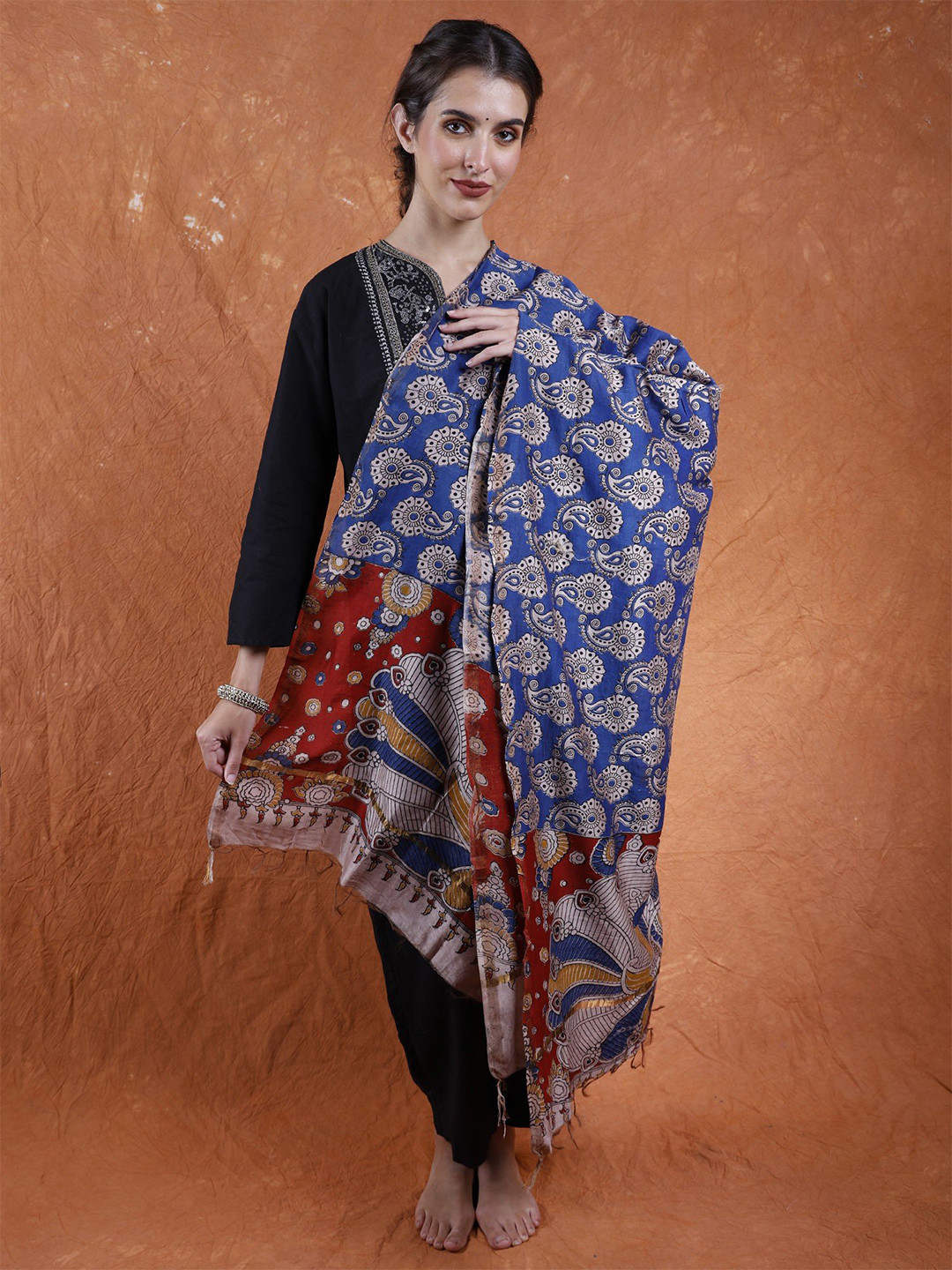 Exotic India Blue Quartz Hand-Painted Peacocks Kalamkari Cotton Dupatta