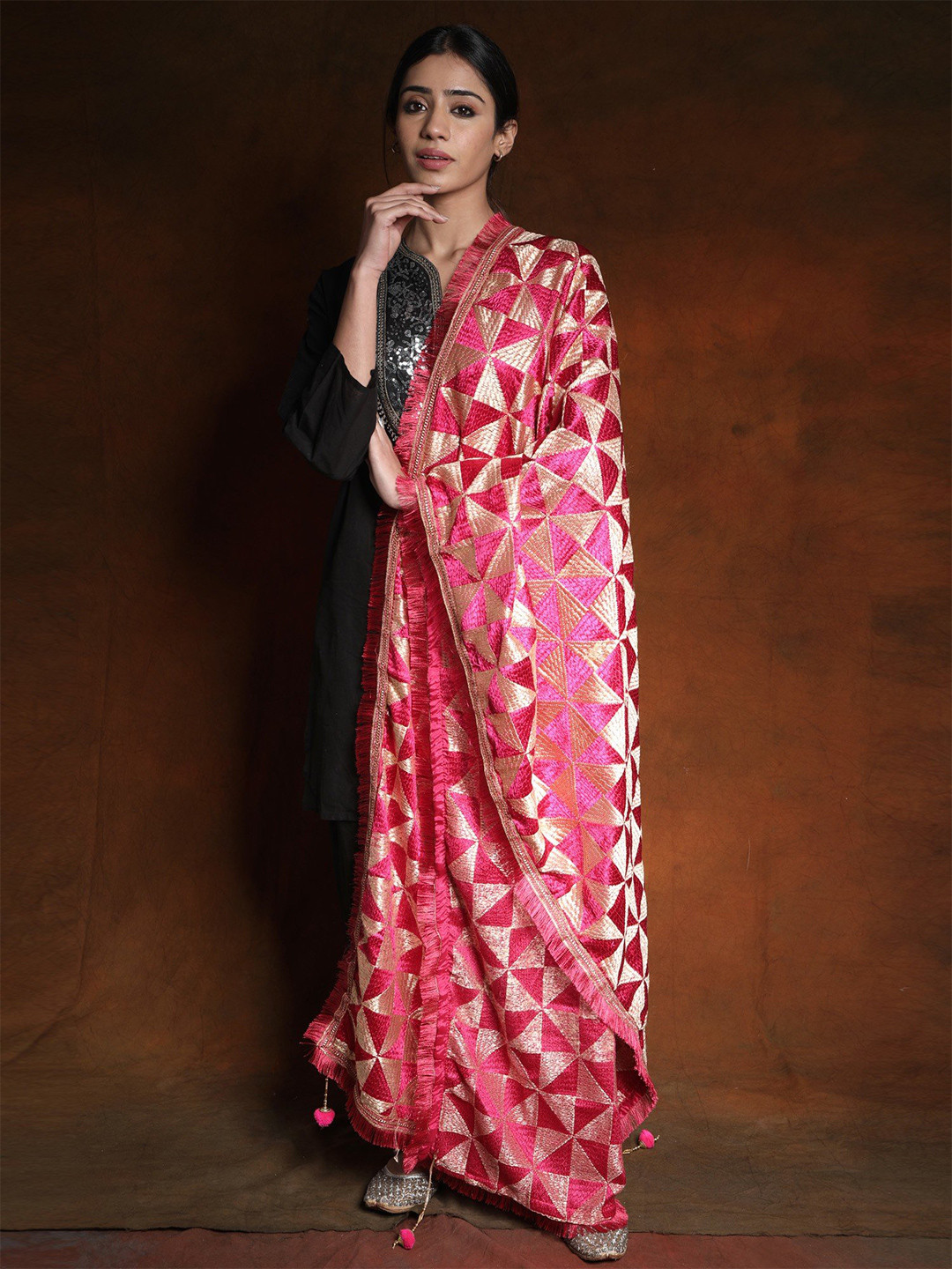 Exotic India Pink Peacock Phulkari Thread Embroidered Jhalar Border Silk Dupatta