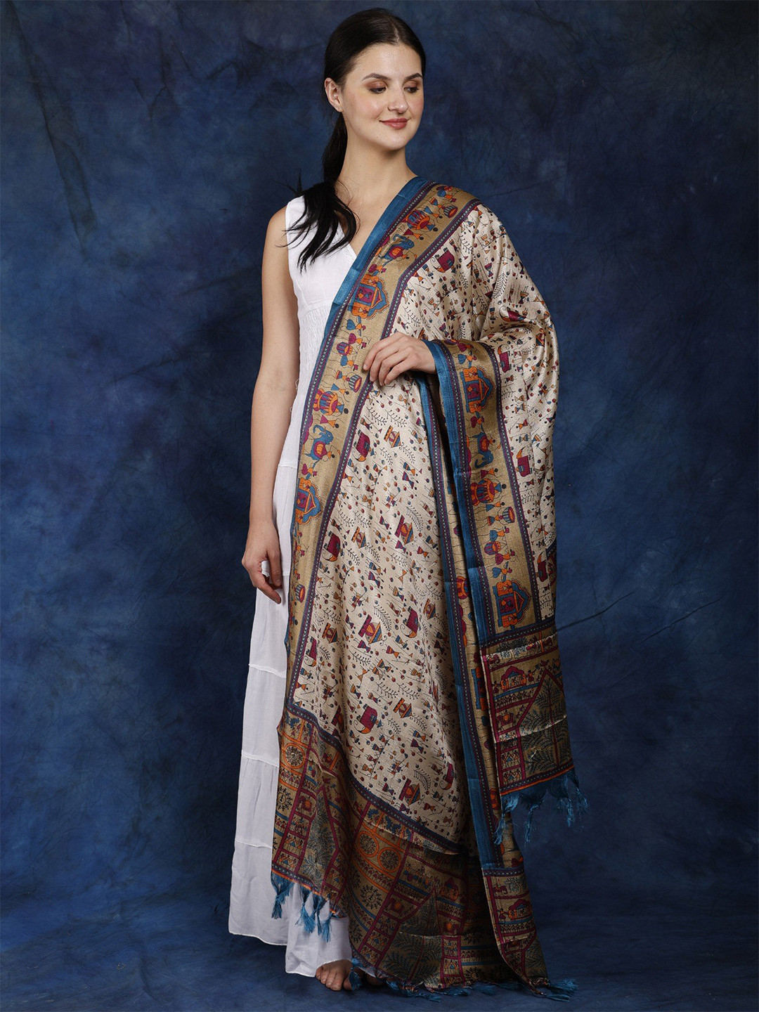 Exotic India Crystal Teal Art Silk Printed Warli Folk Art Motifs Silk Dupatta