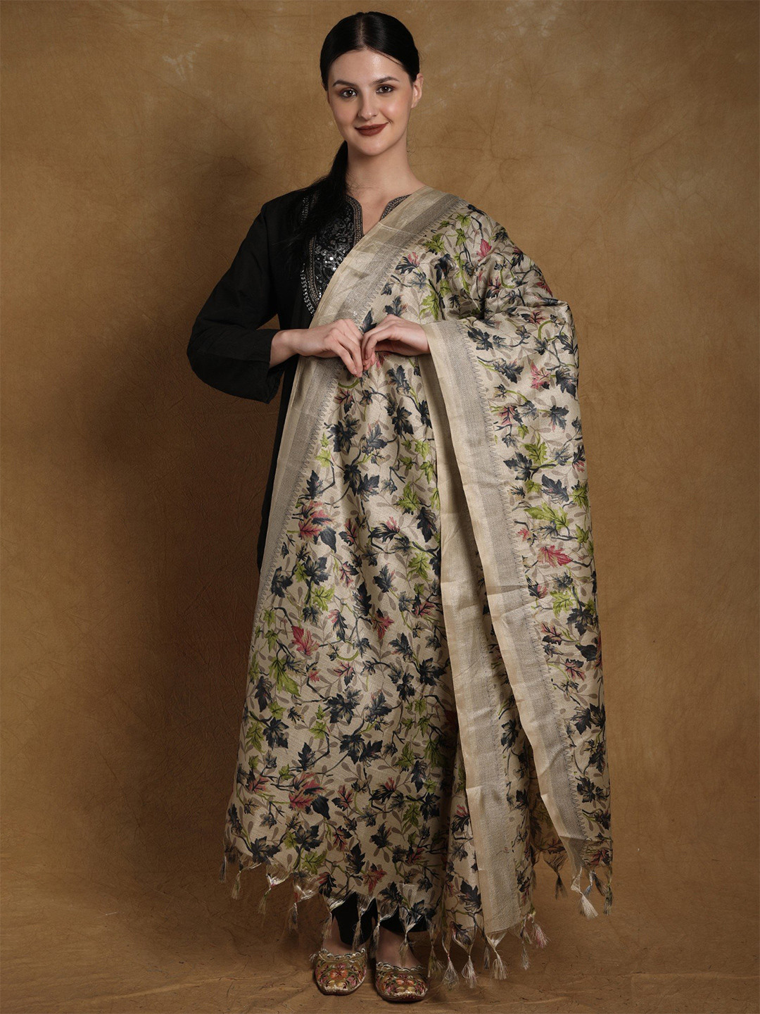 Exotic India Black Onyx Art Silk Maple Leaf Printed Silk Dupatta with Tassels