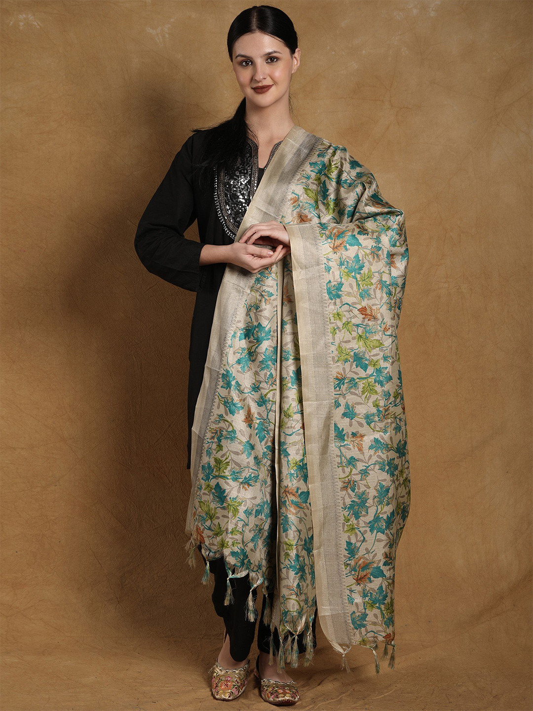 Exotic India Tile Blue Art Silk Maple Leaf Printed Silk Dupatta with Tassels