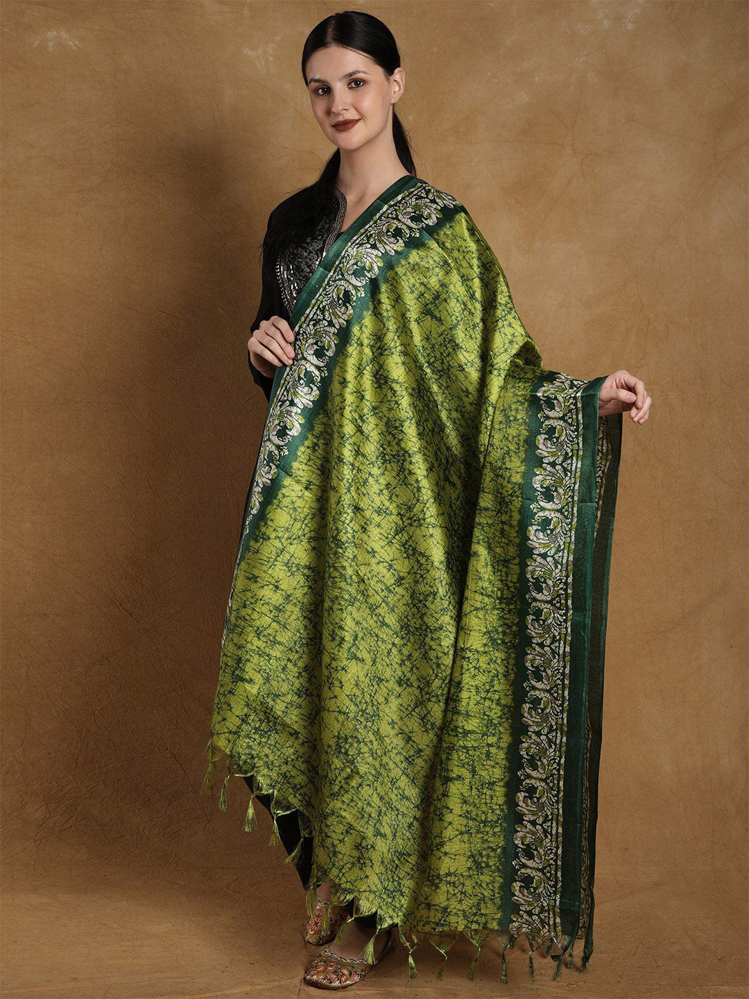 Exotic India Greenery Batik Printed Banglori Art Silk Dupatta with Peacock Border
