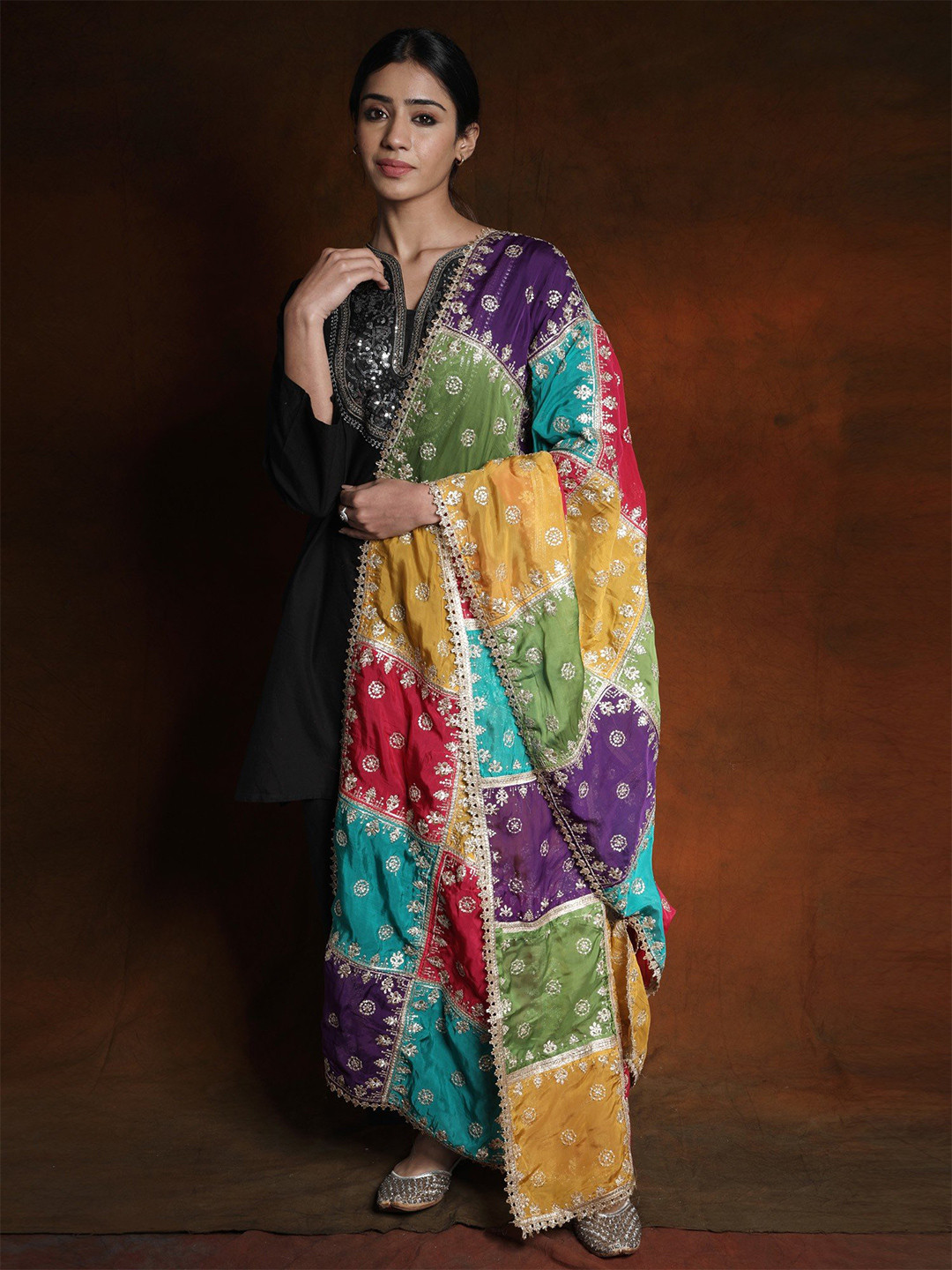 Exotic India Multicolor Block Pattern Zari Gota Patti Dupatta with Bootis in Golden Thread