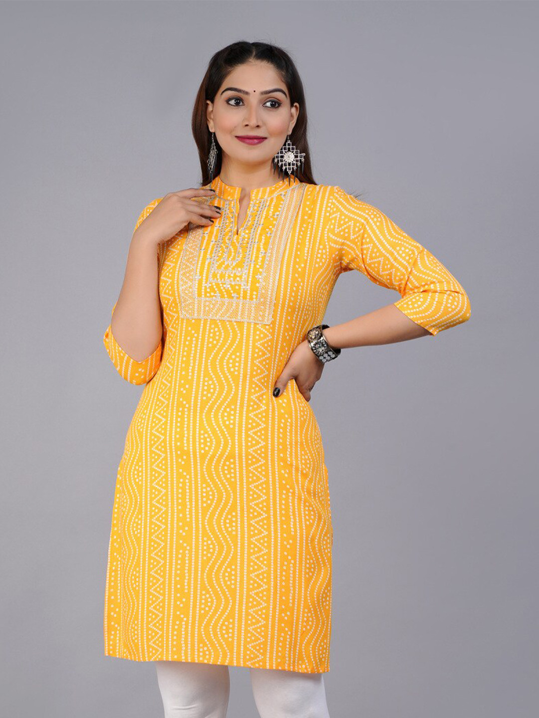 Pinkblock Bandhani Printed Mandarin Collar Straight Kurta