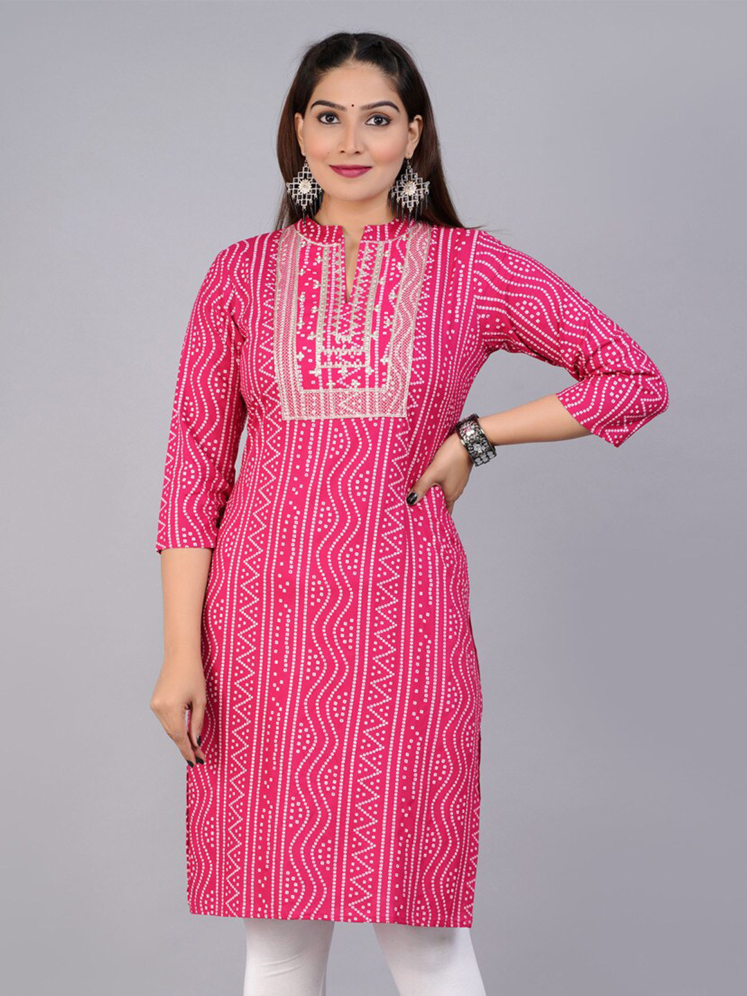 Pinkblock Bandhani Printed Mandarin Collar Straight Kurta
