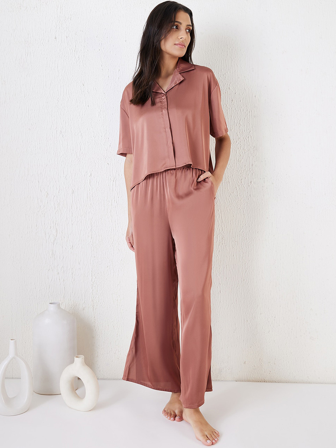Sweet Dreams Brown Shirt Collar Satin Night suit