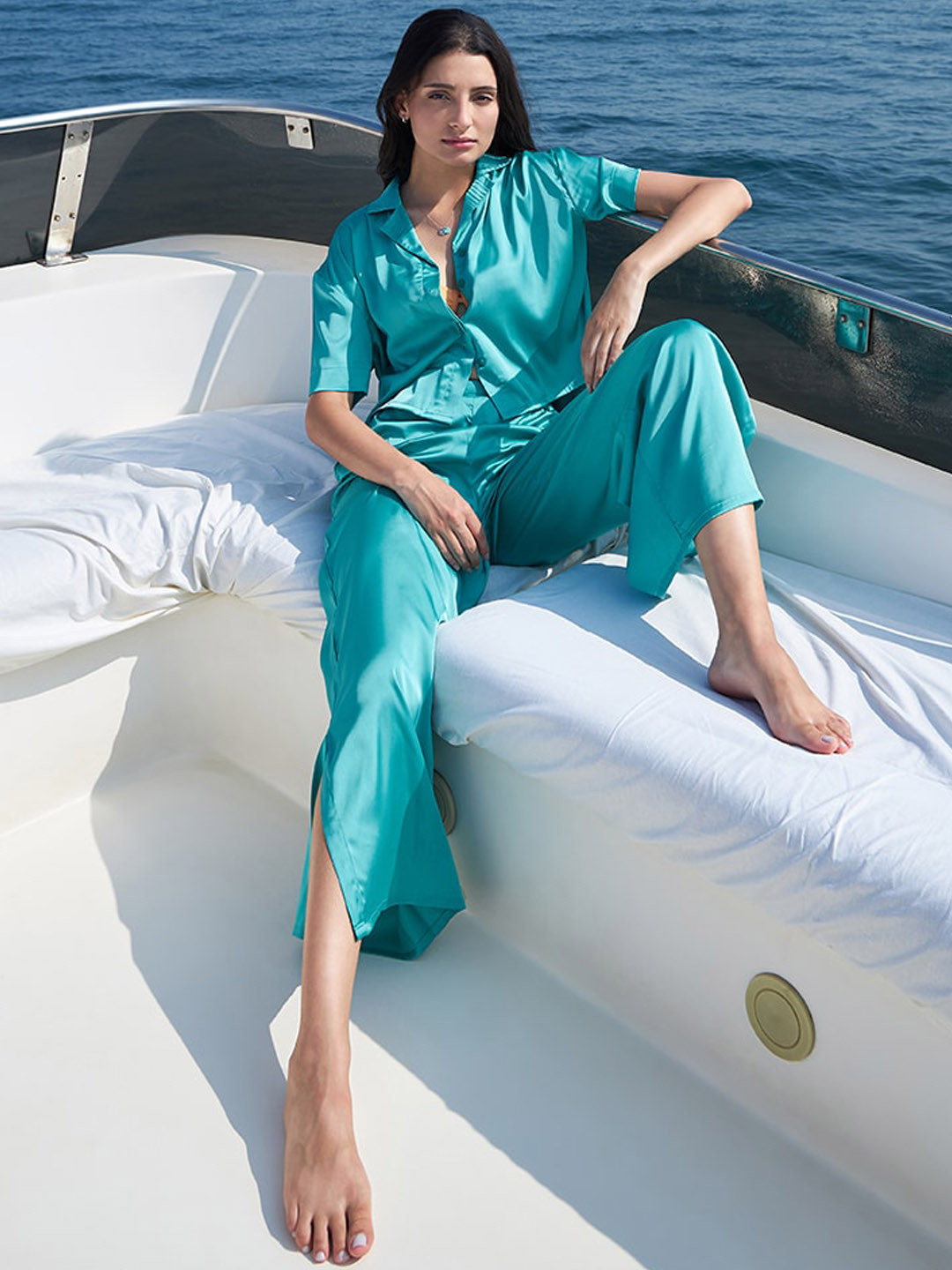 Sweet Dreams Blue Lapel Collar Satin Night suit