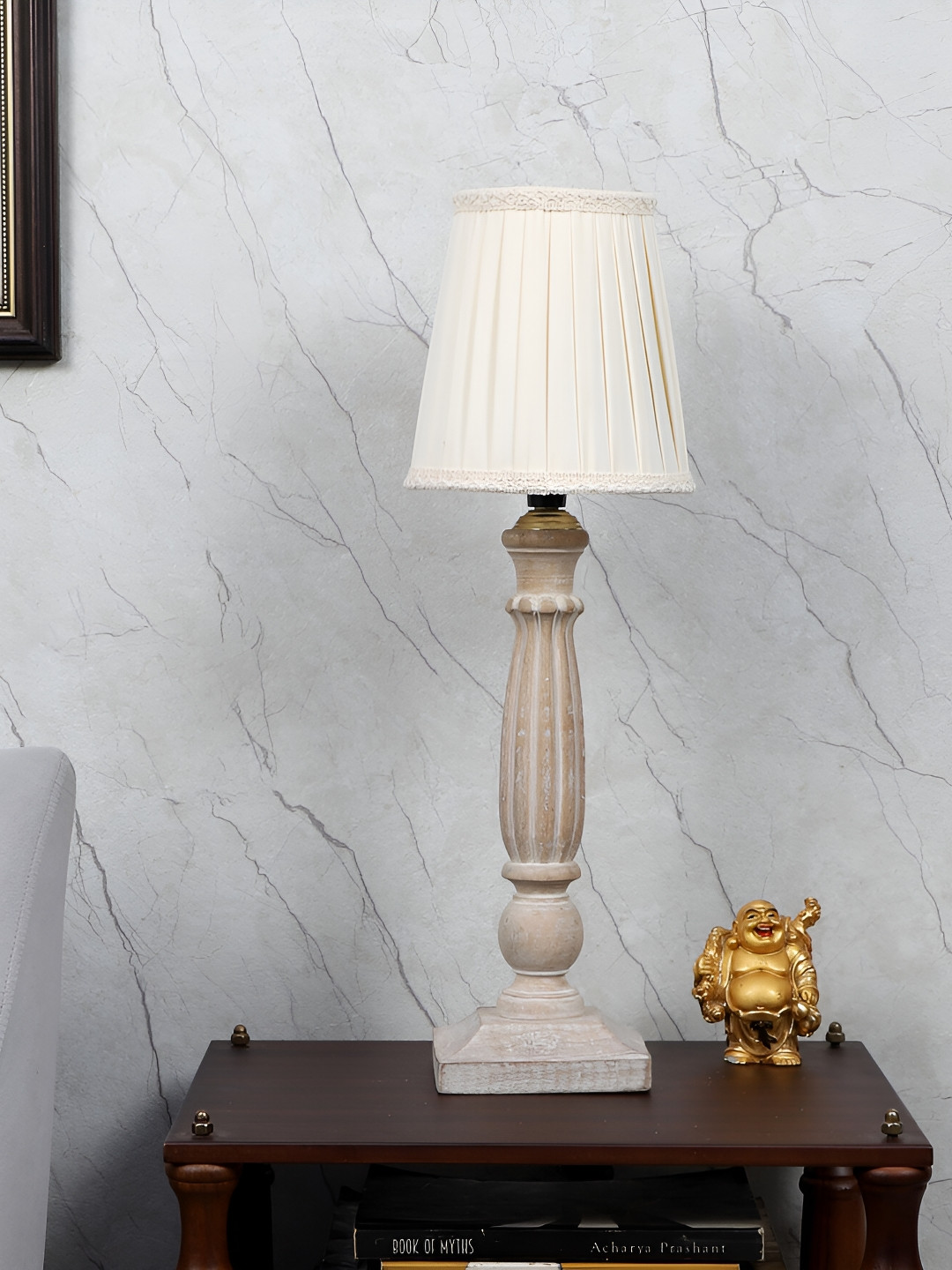 TU CASA Beige Textured Wooden Frusturical Shaped Table Lamp