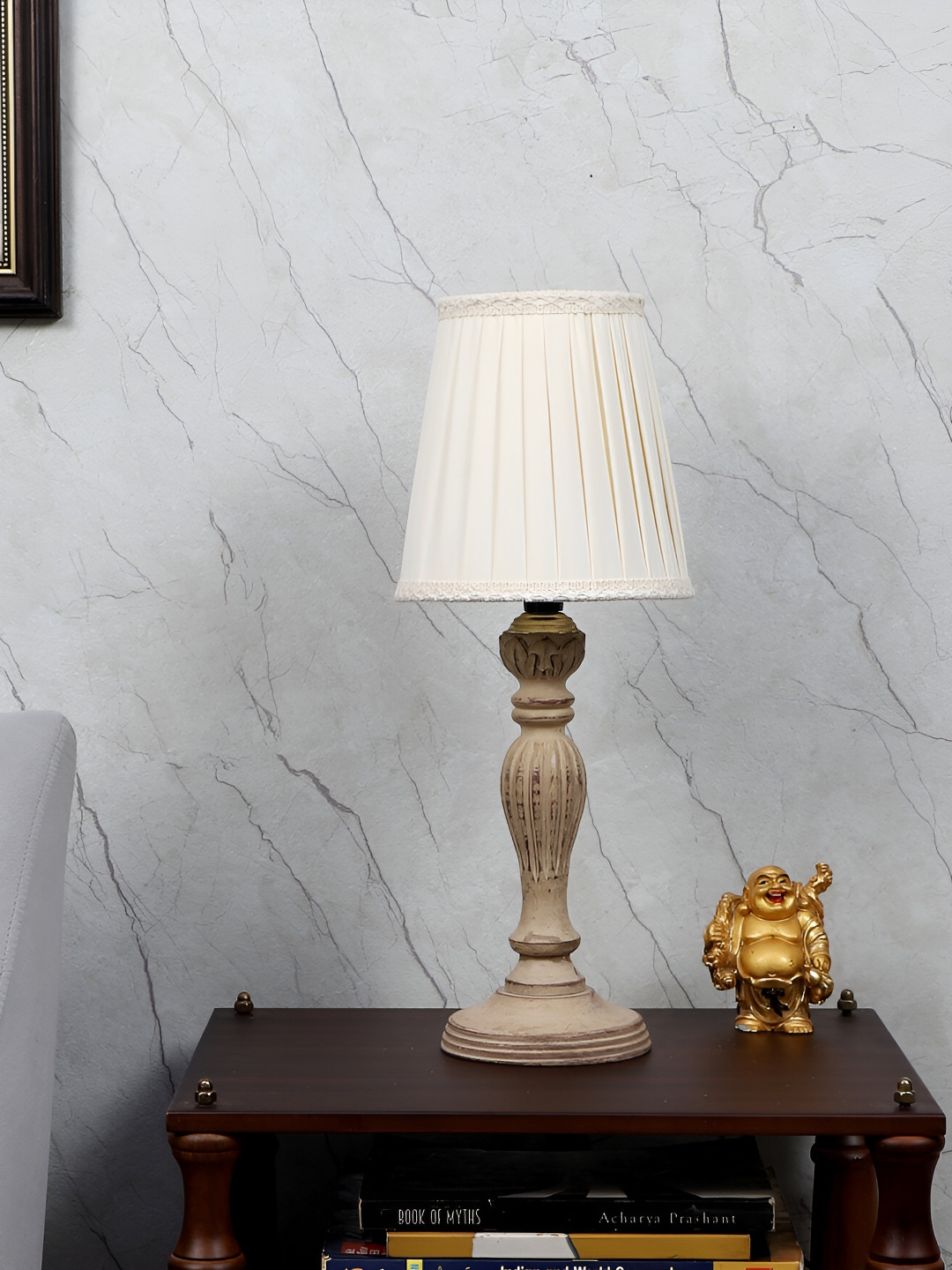 TU CASA Beige Textured Wooden Frusturical Shaped Table Lamp