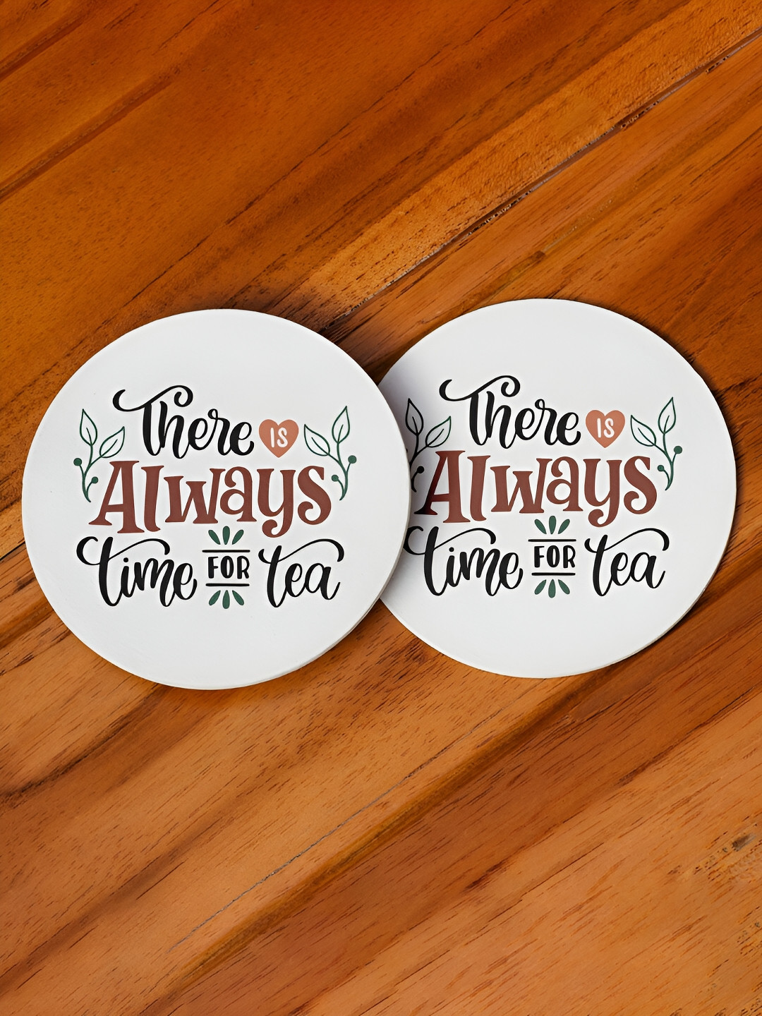 DecorTwist White & Brown 2 Pieces Printed Round Wooden Magnetic Coasters