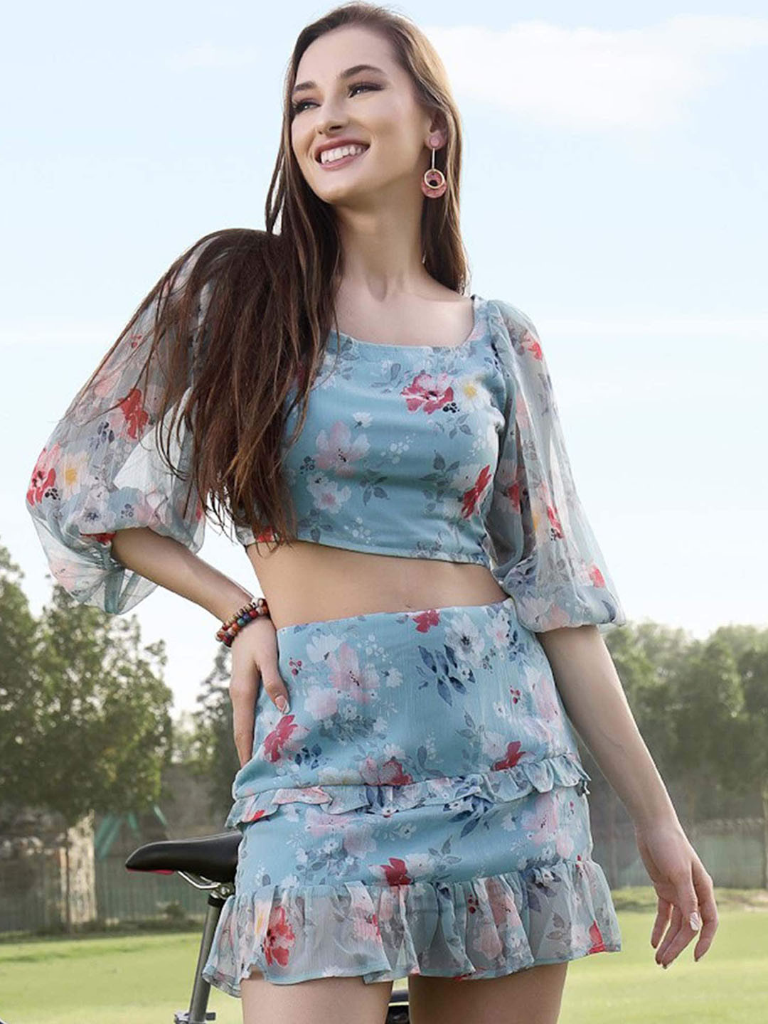 Sera Blue Floral Printed Round Neck Bishop Sleeves Ruffled Casual Crop Top With Skirt
