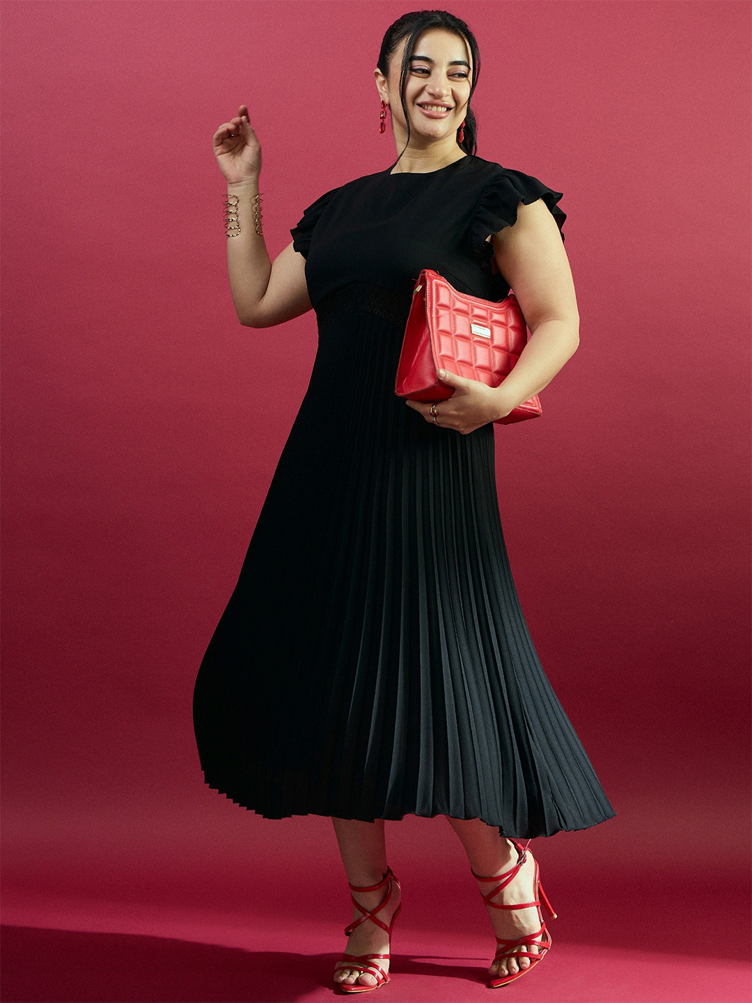 CURVE BY KASSUALLY Plus Size Black Pleated A-Line Midi Dress
