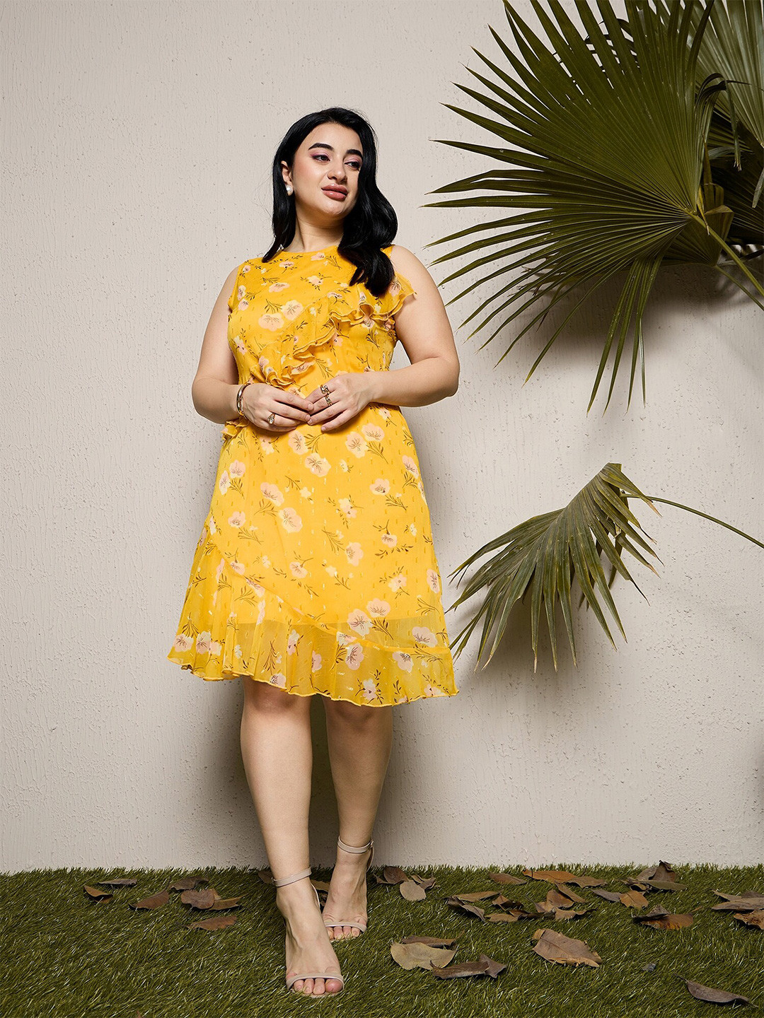 CURVE BY KASSUALLY Plus Size Yellow Floral Print Ruffled Chiffon Fit & Flare Dress