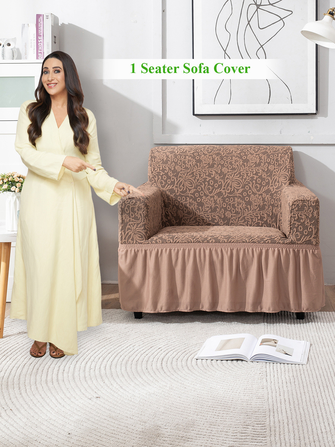 HOKIPO Taupe Stretchable 1 Seater Sofa Cover With Arms