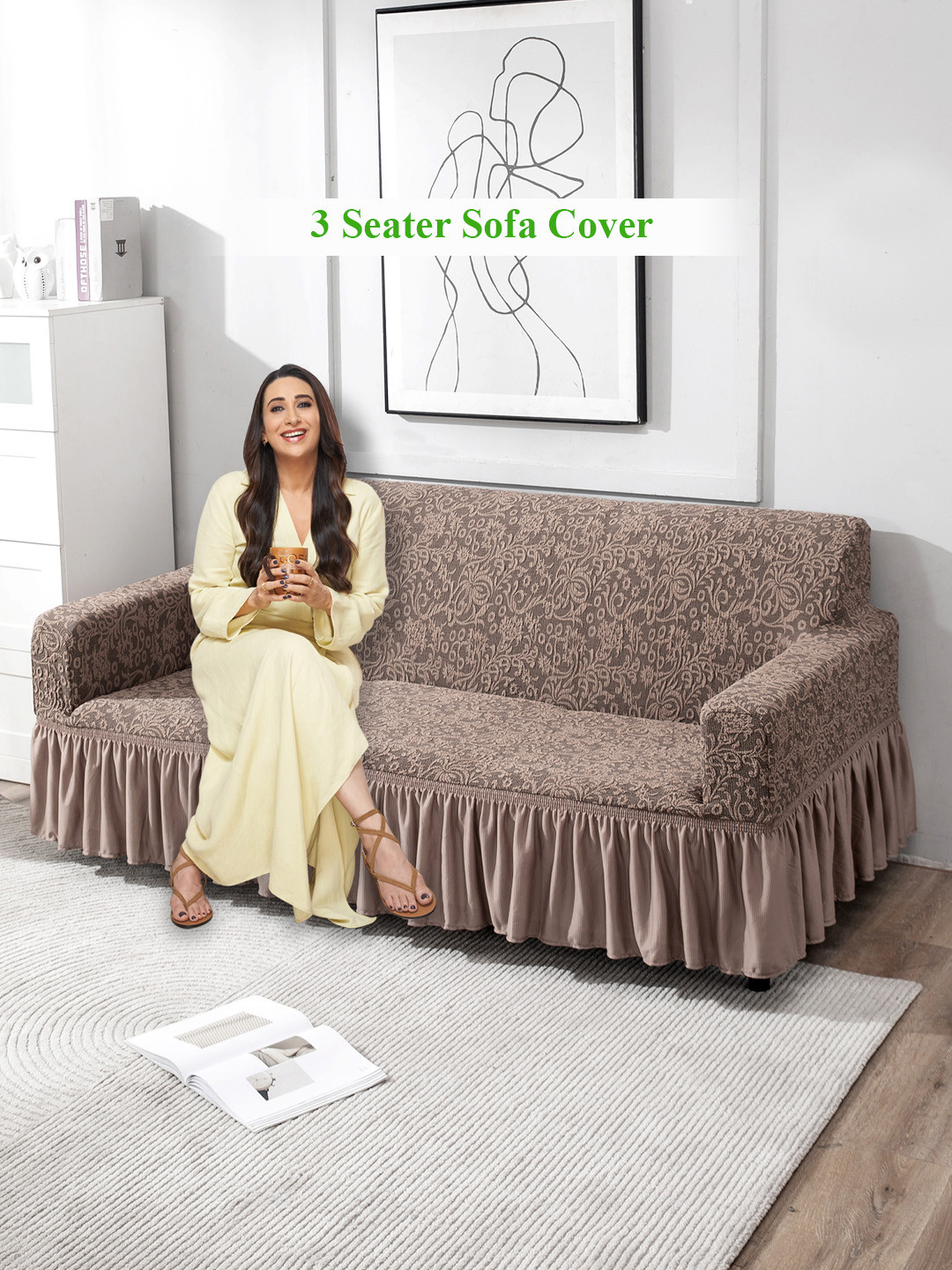 HOKIPO Taupe Solid Jacquard 3 Seater Sofa Cover With Arms