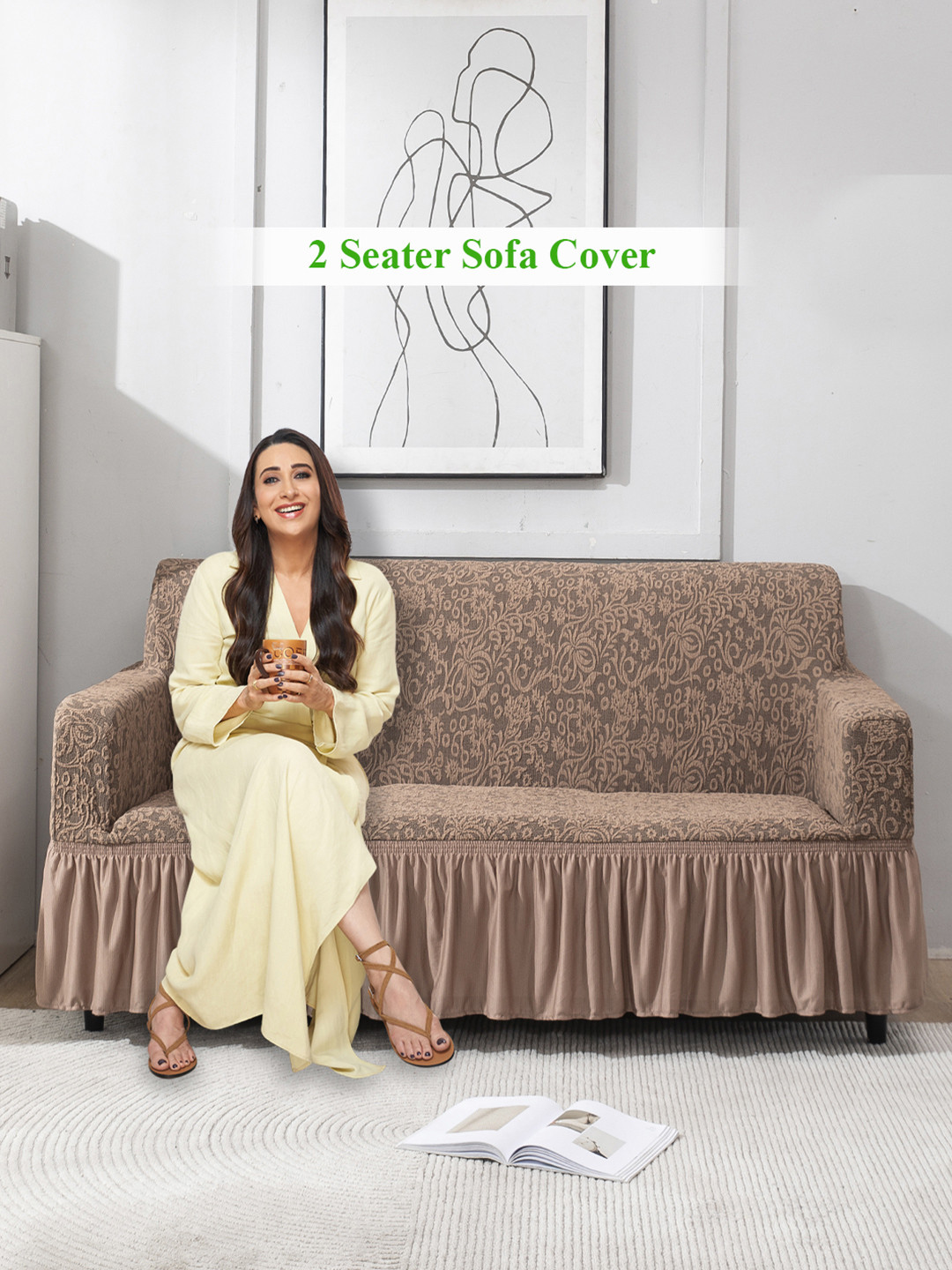 HOKIPO Brown   Elastic Stretchable Double  Seater With Ruffle Sofa Cover With Arms