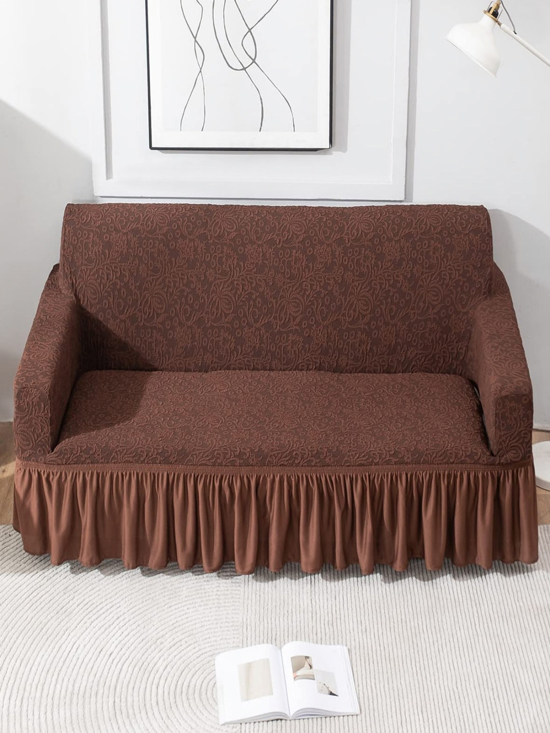HOKIPO Brown Floral Printed 1 Seater Elastic Stretchable Universal Sofa Cover With Frill