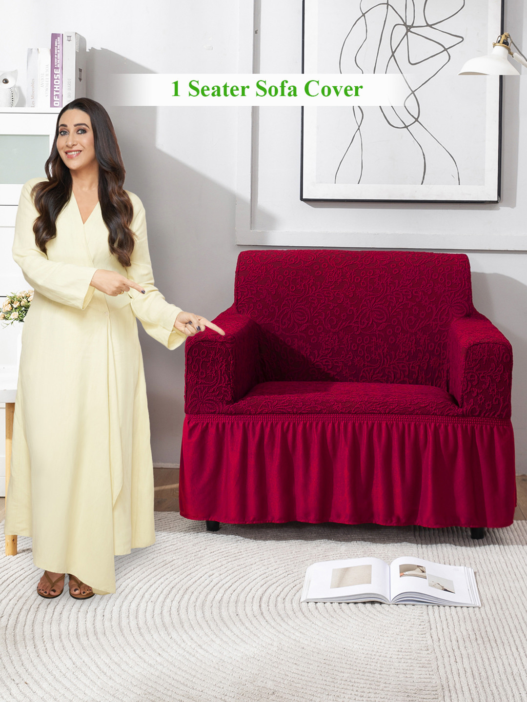 HOKIPO Red Stretchable 1 Seater Sofa Cover With Arms