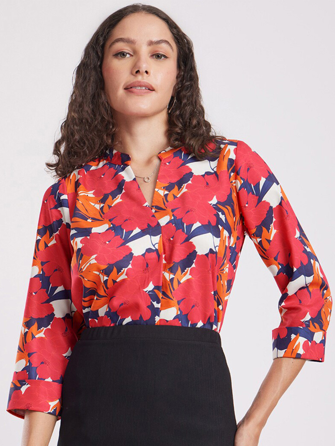 FableStreet Floral Print Mandarin Collar Shirt Style Red Top