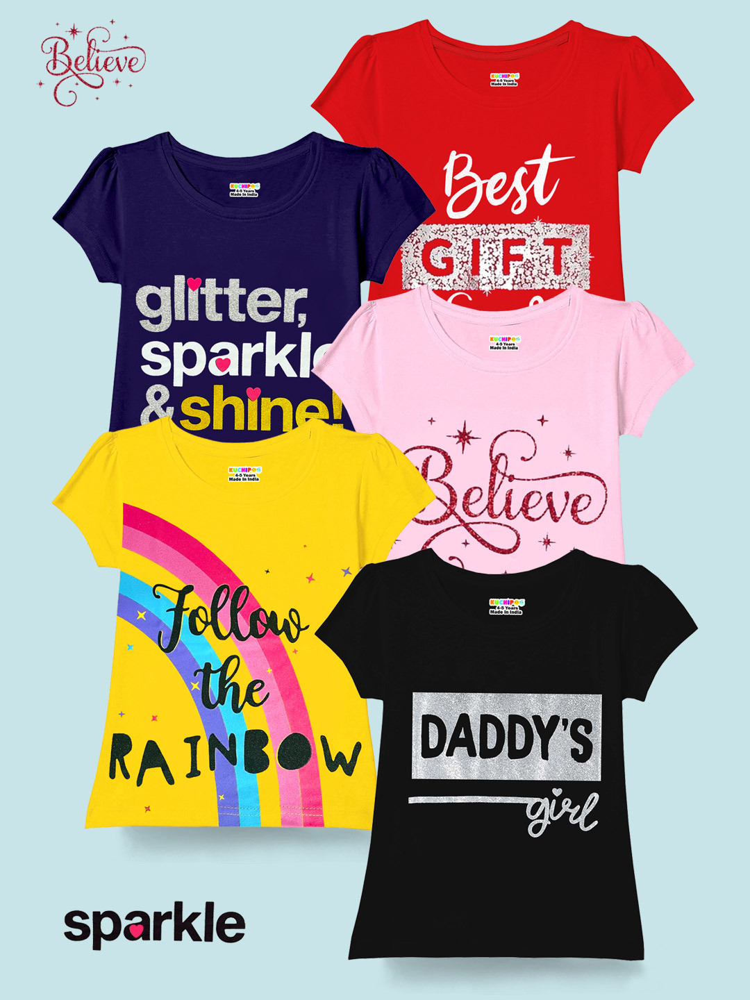 KUCHIPOO Girls Pack Of 5 Typography Printed Cotton T-shirts