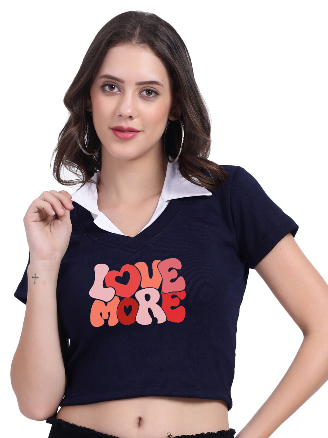 TABADTOD Typography Printed Boxy Crop Top With Collar