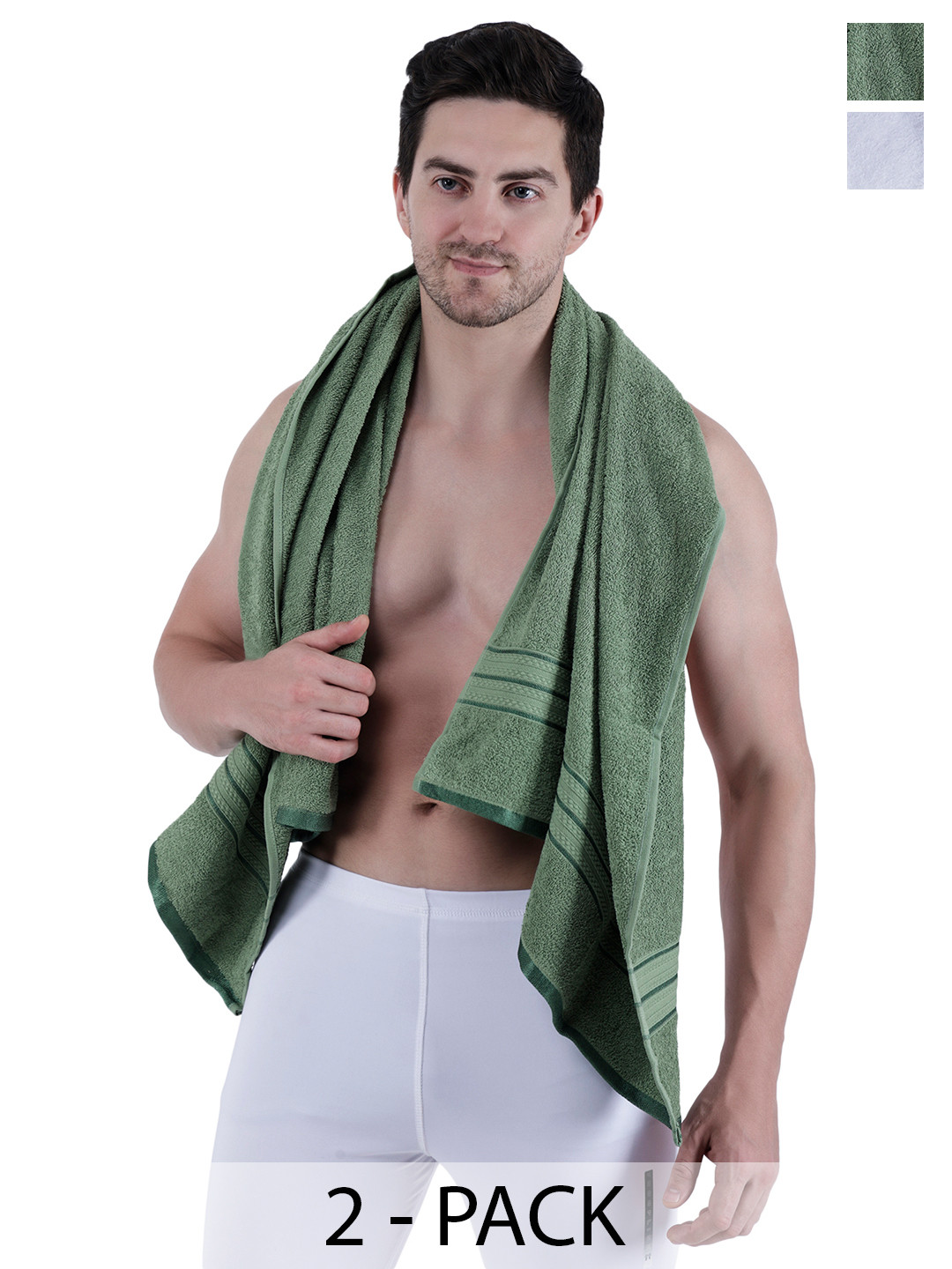 Dollar Socks Green & White 2 Pcs Cotton 400 GSM Bath Towel