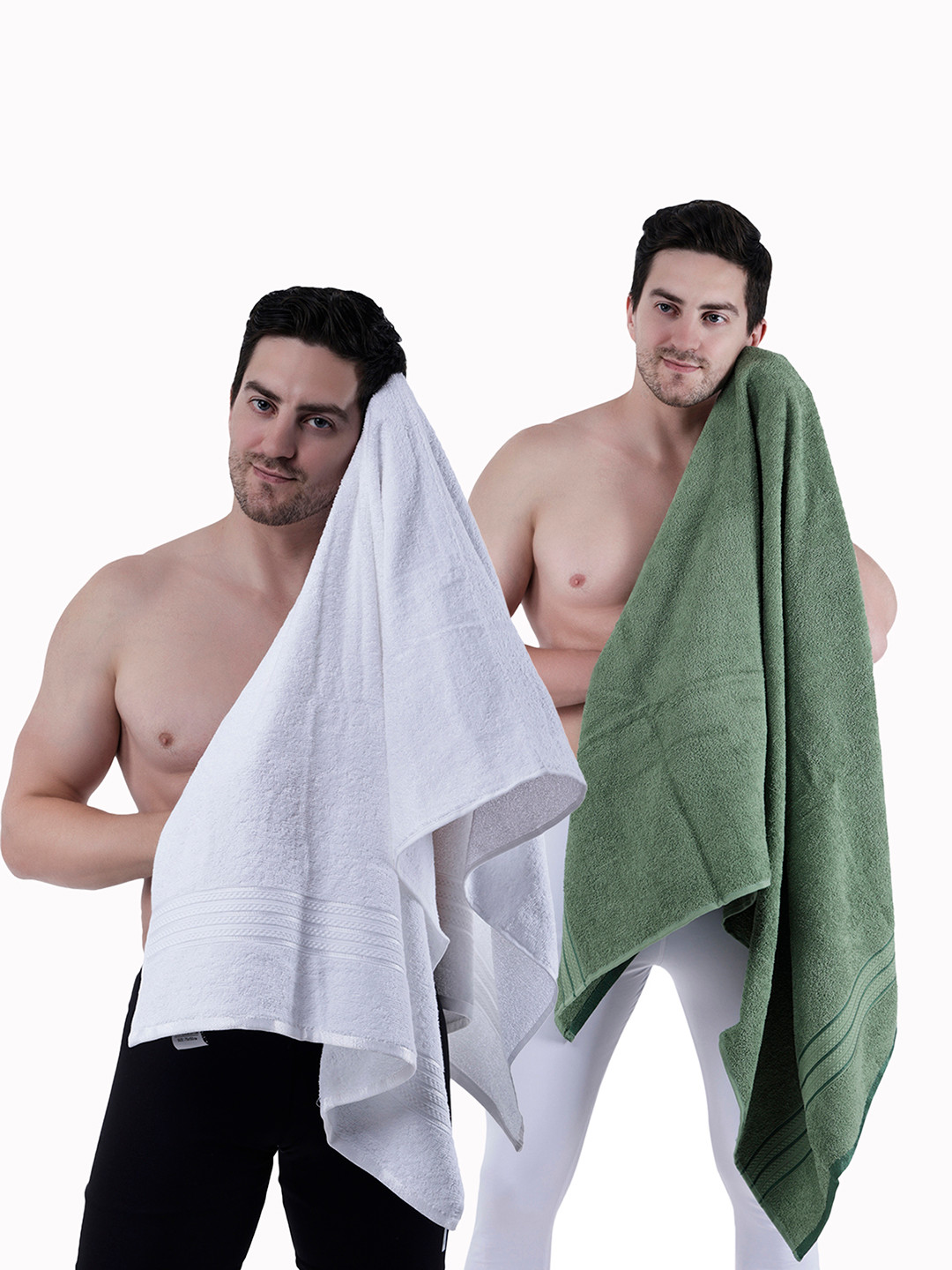 Dollar Socks White & Green 2 Pieces Cotton 400 GSM Bath Towel