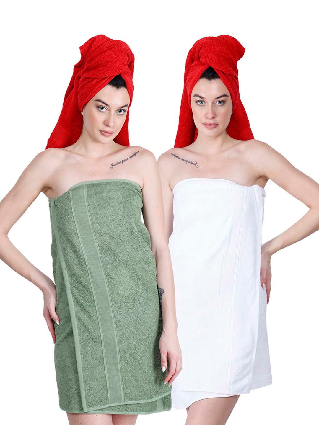 Dollar Socks White & Green 2 Pieces Cotton 400 GSM Bath Towels