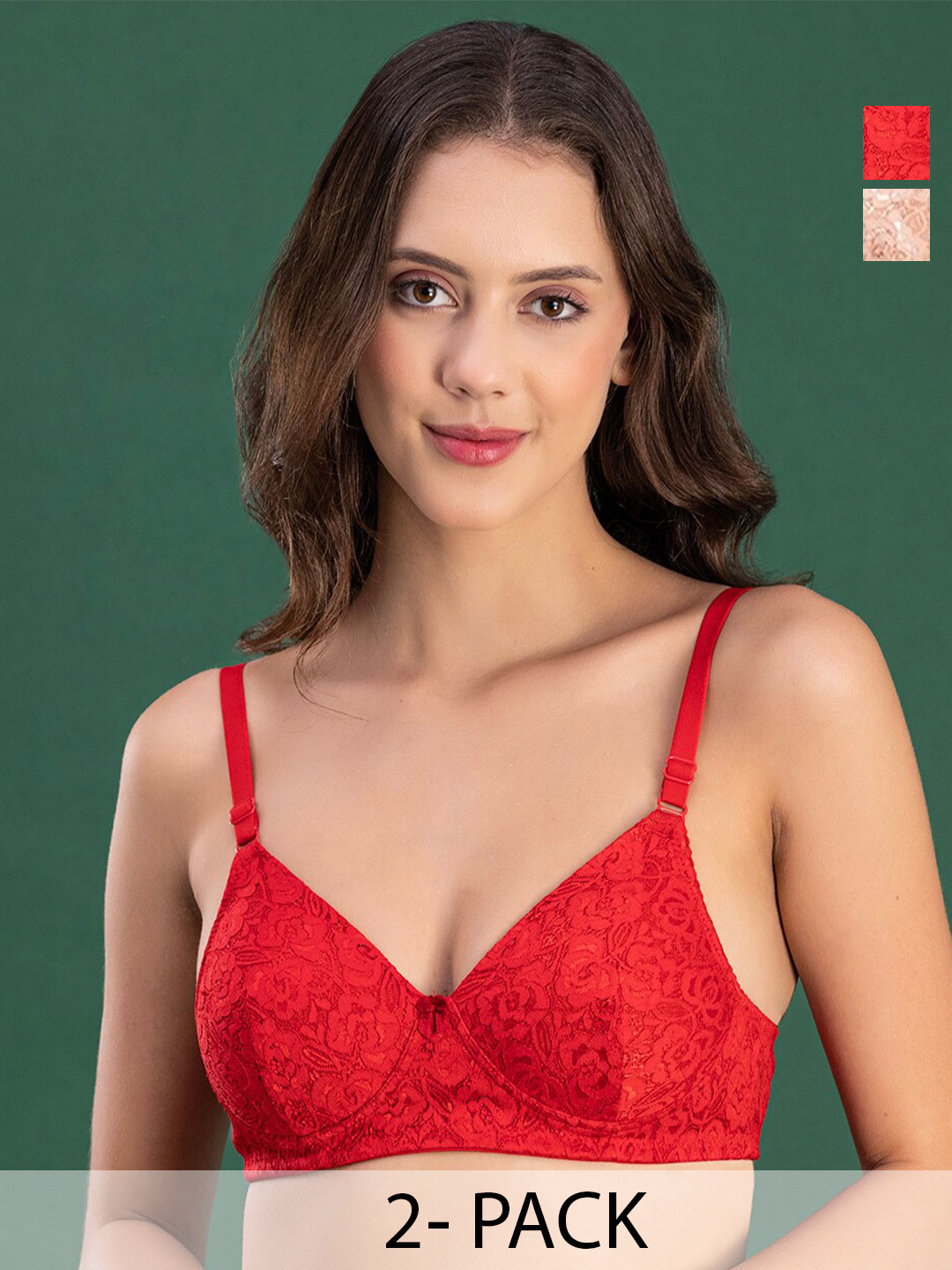 DressBerry Pack Of 2 Nude & Red Self Design Medium Coverage Heavily Padded T-shirt Bra