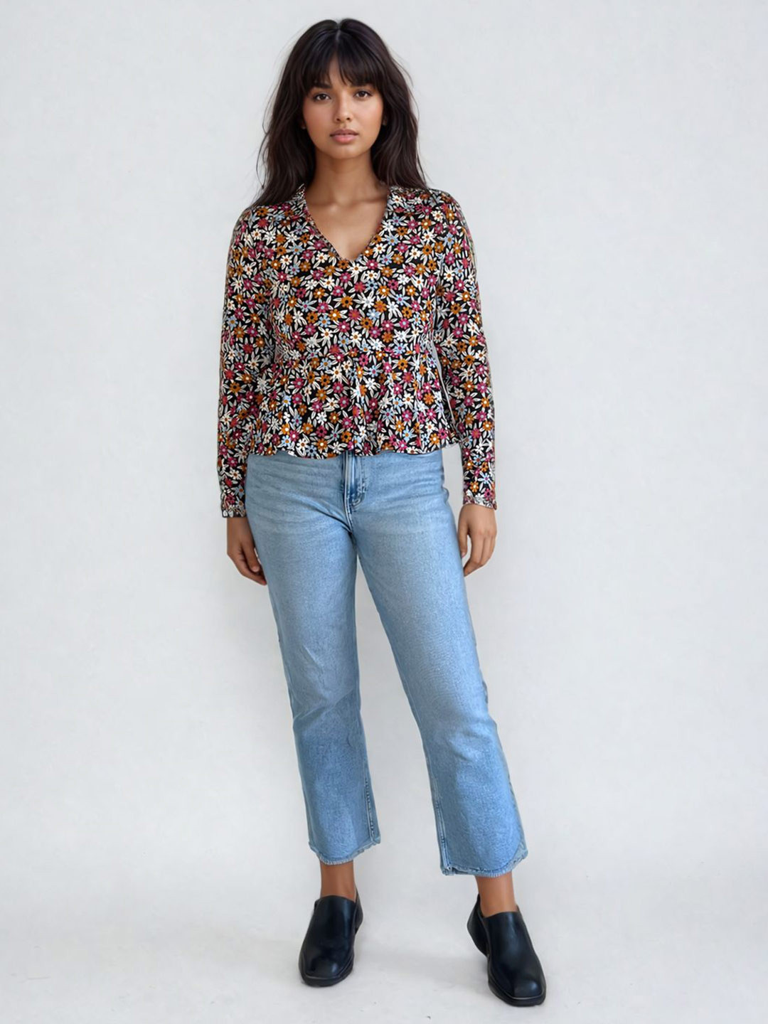 PEACH & PANDA Floral Printed Crepe Shirt Style Top